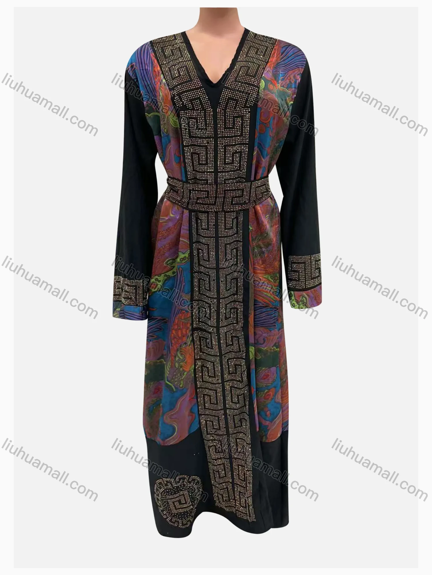 Wholesale Women's Vintage V Neck Muslim Rhinestone Abaya Maxi Dress With Belted - Liuhuamall