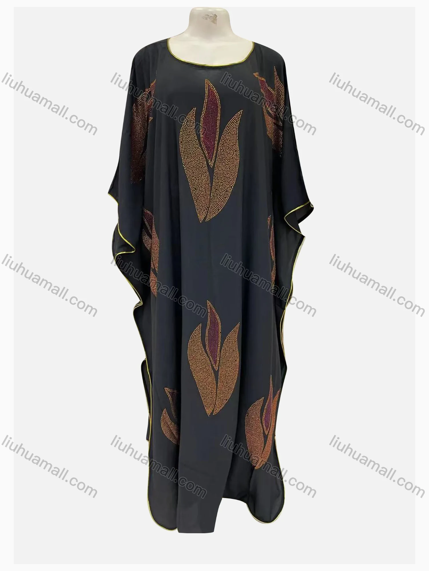 Wholesale Women's Islamic Muslim Round Neck Bat Sleeve Rhinestone Maxi Kaftan Dress - Liuhuamall