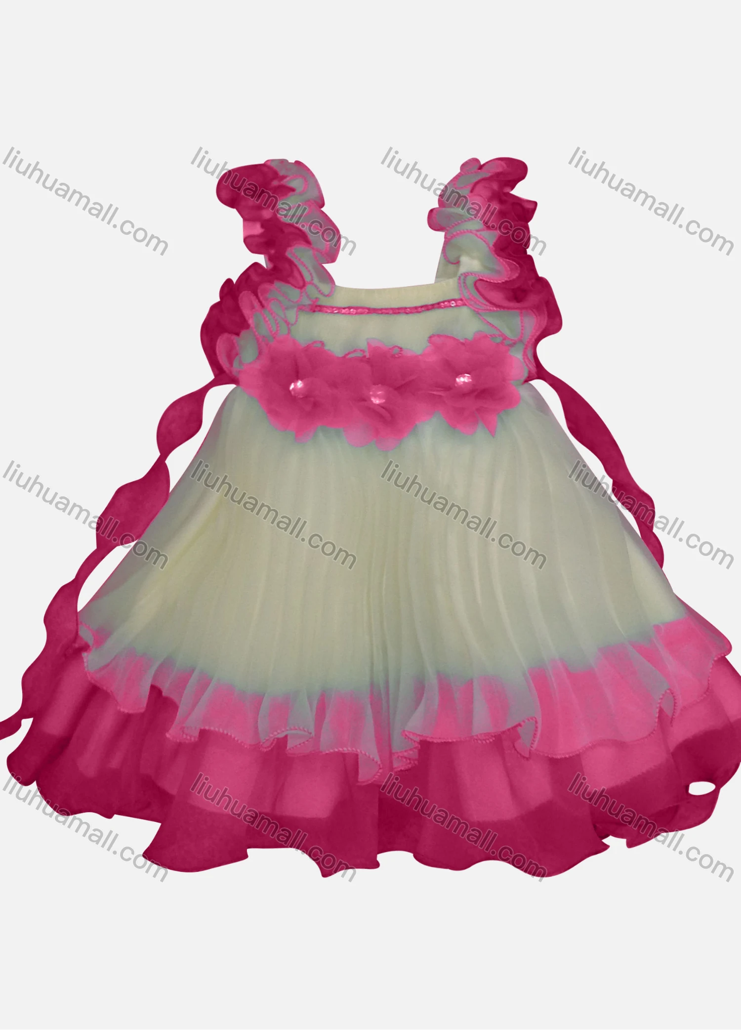 Wholesale Girls Lovely 3D Floral Appliques Ruched Tiered Ruffle Trim Dress - Liuhuamall