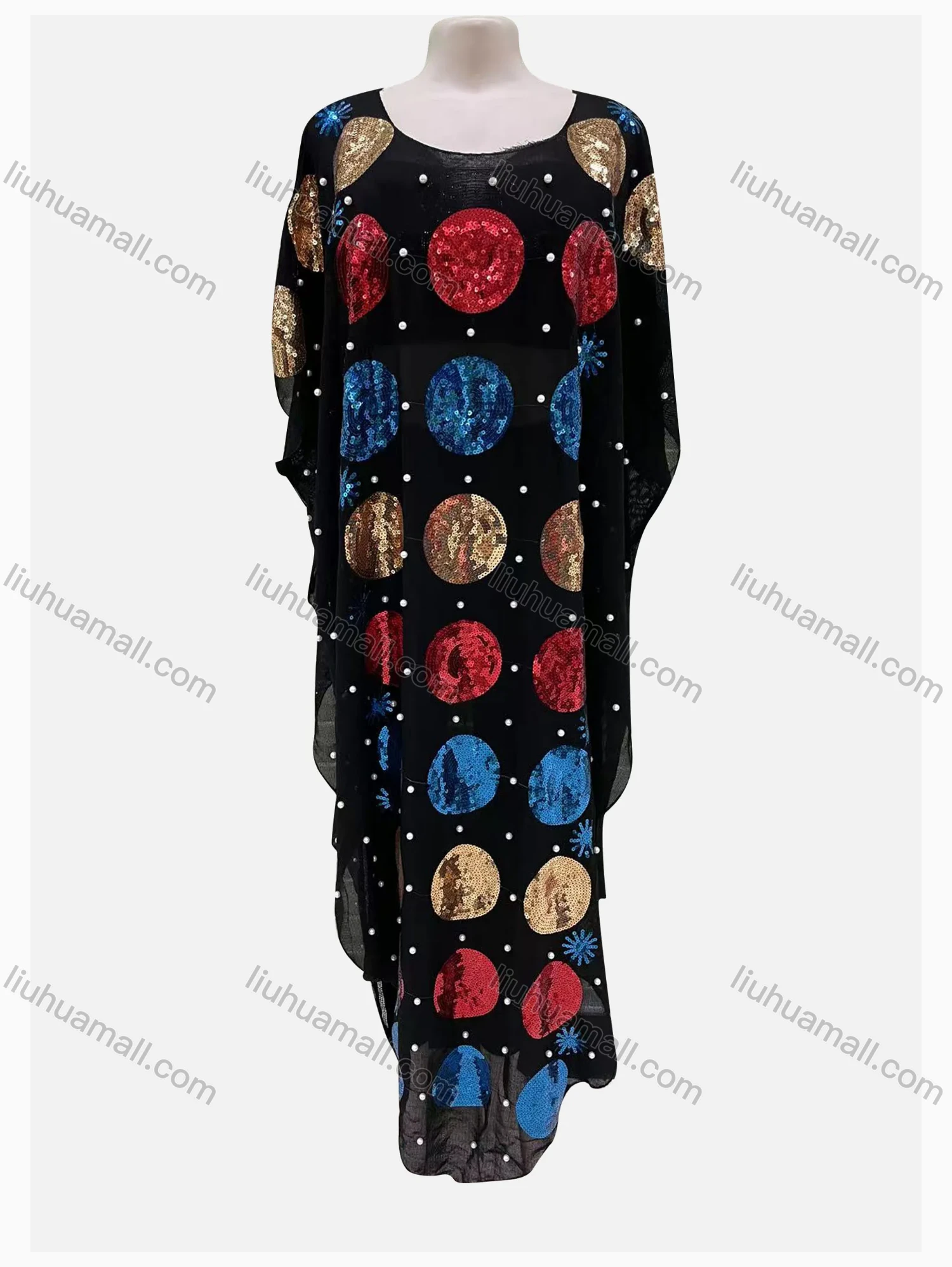 Wholesale Women's Muslim Islamic Round Neck Multi-color Sequin Beaded Maxi Kaftan Dress - Liuhuamall