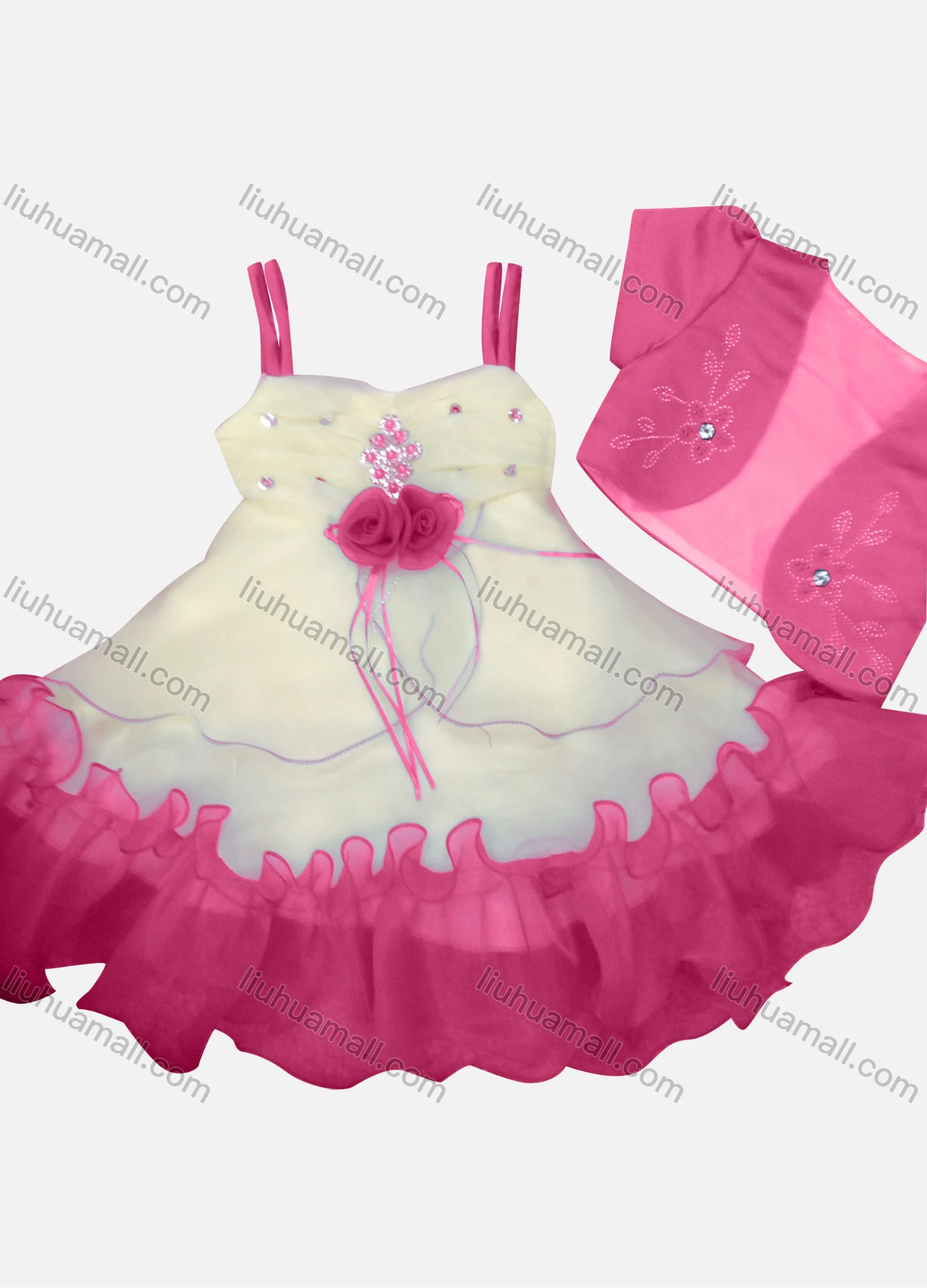 Wholesale Girls Lovely 3D Floral Rhinestone Appliques Ruched Tiered Ruffle Trim Dress With Short Sleeve Crop Cardigan - Liuhuamall