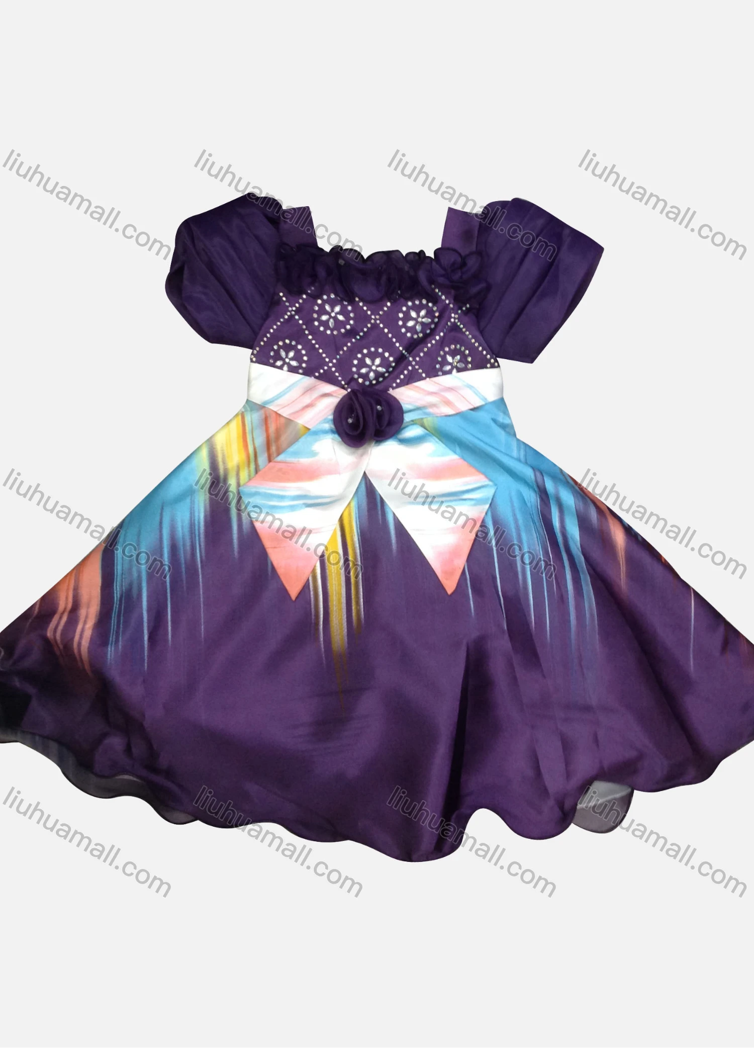 Wholesale Girls Lovely Square Neck Cap Sleeve 3D Floral Rhinestone Appliques Ruched Tiered Ruffle Trim Dress - Liuhuamall
