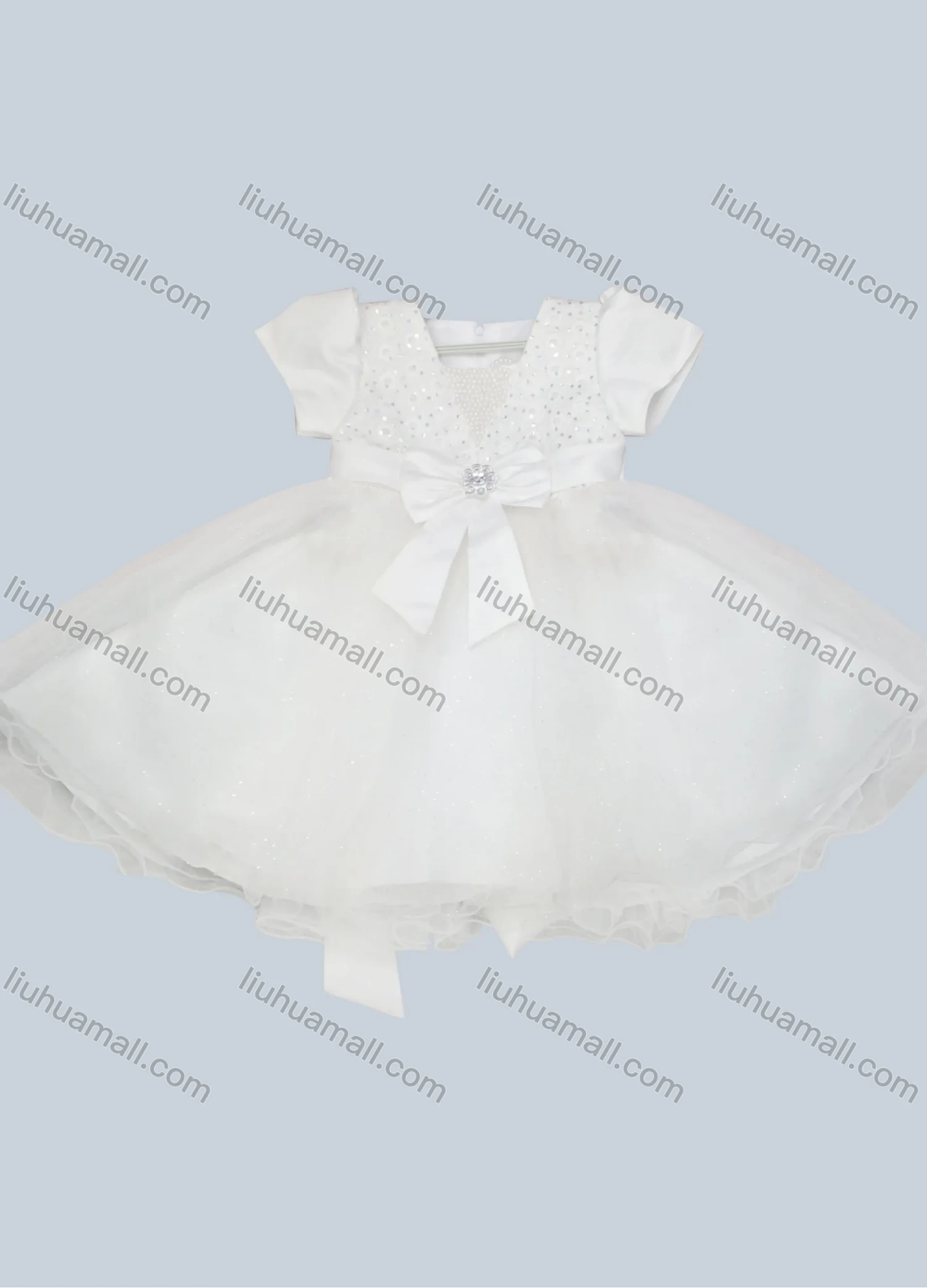 Wholesale Girls Lovely V Neck Cap Sleeve 3D Floral Bowknot Rhinestone Tiered Ruffle Trim Dress - Liuhuamall