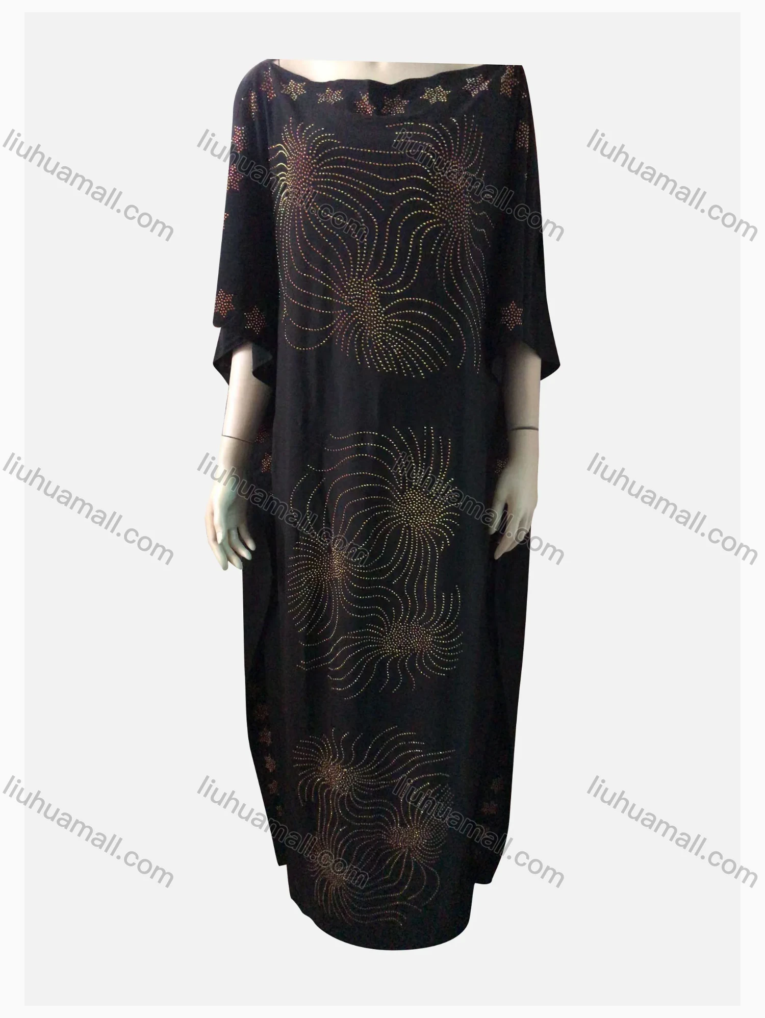 Wholesale Women's Vintage African Beaded Rhinestone Folk Art Boat Neck 3/4 Sleeve Maxi Dress - Liuhuamall