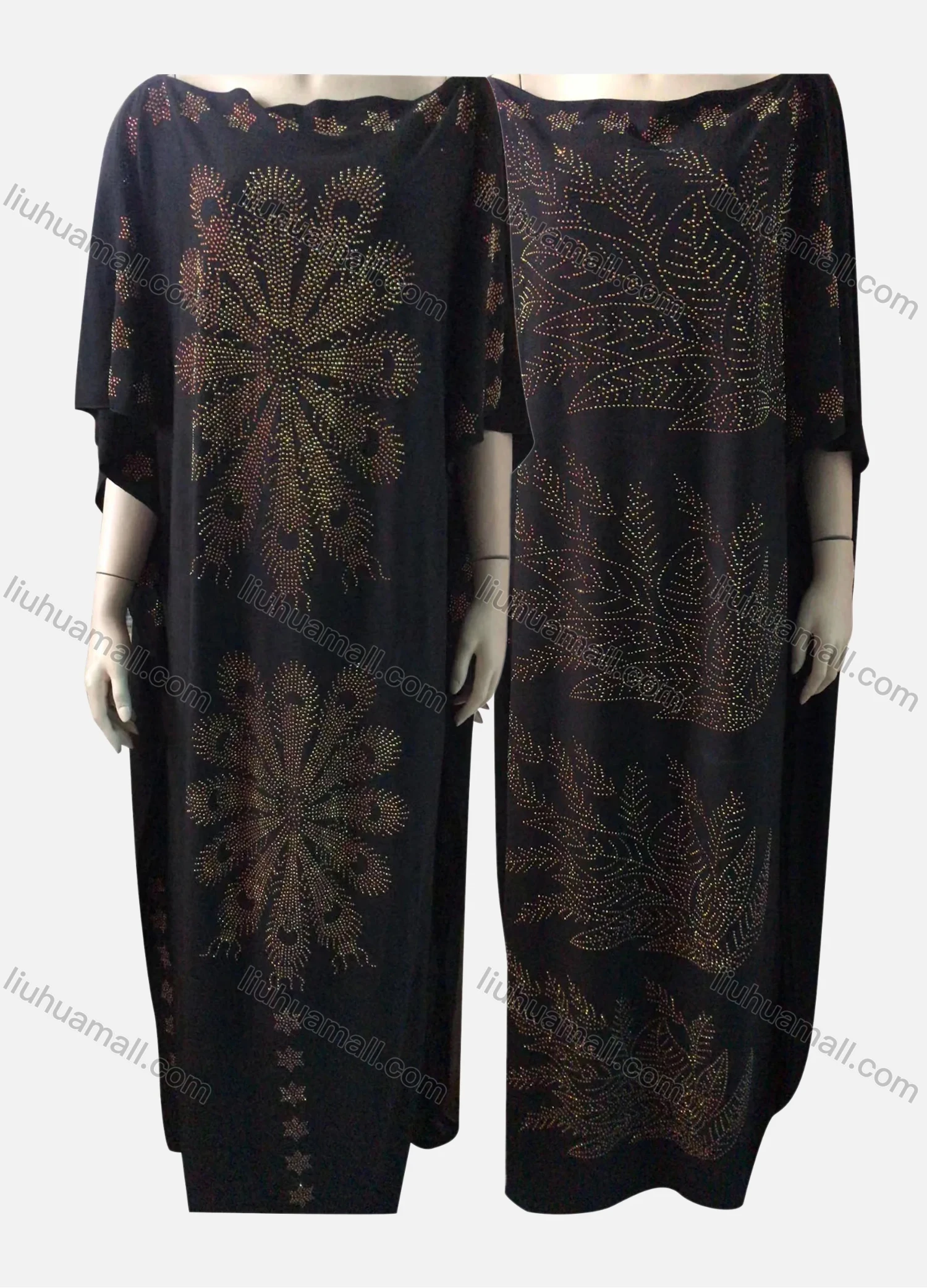 Wholesale Women's Vintage African Rhinestone Boat Neck Folk Art Beaded Rhinestone 3/4 Sleeve Maxi Dress - Liuhuamall