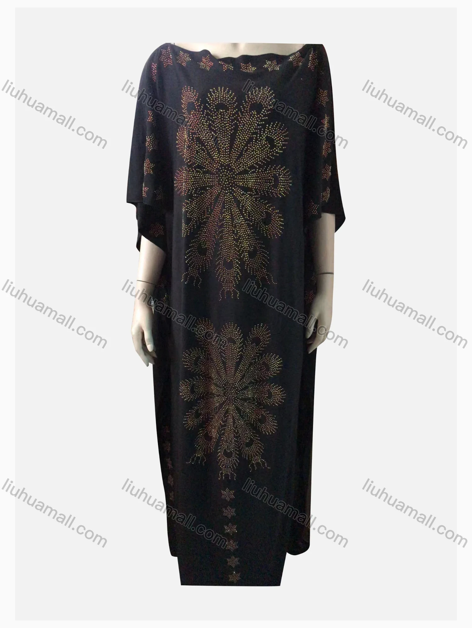 Wholesale Women's Vintage African Rhinestone Boat Neck Folk Art Beaded Rhinestone 3/4 Sleeve Maxi Dress - Liuhuamall