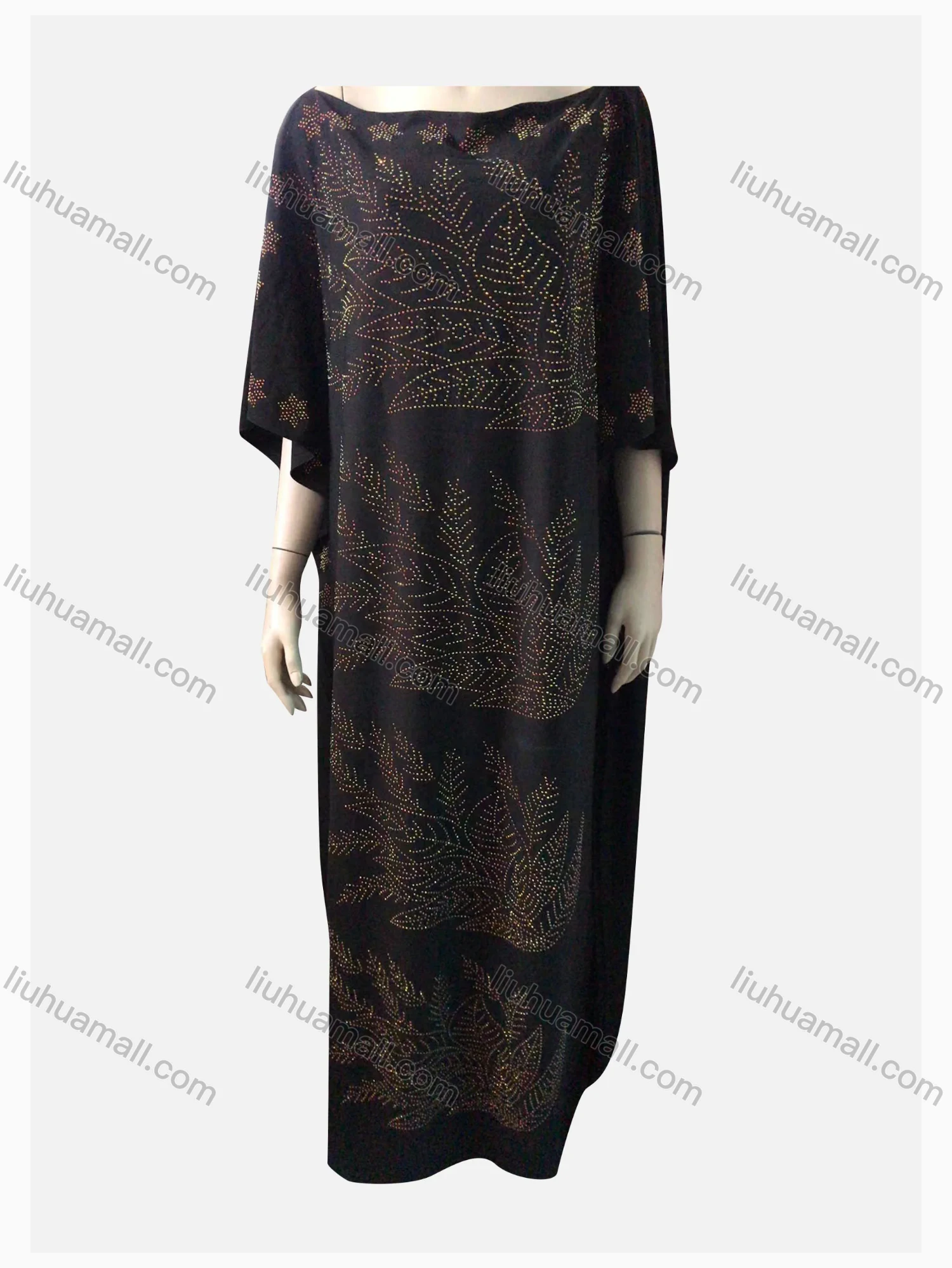 Wholesale Women's Vintage African Rhinestone Boat Neck Folk Art Beaded Rhinestone 3/4 Sleeve Maxi Dress - Liuhuamall