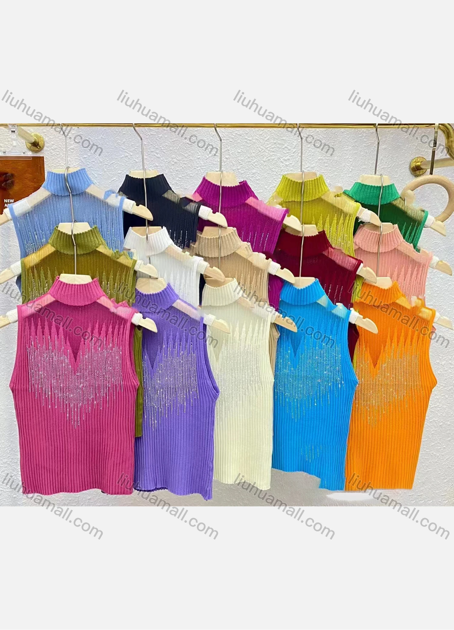 Wholesale Women's Casual Plain Mock Neck Rhinestone Tank Top - Liuhuamall