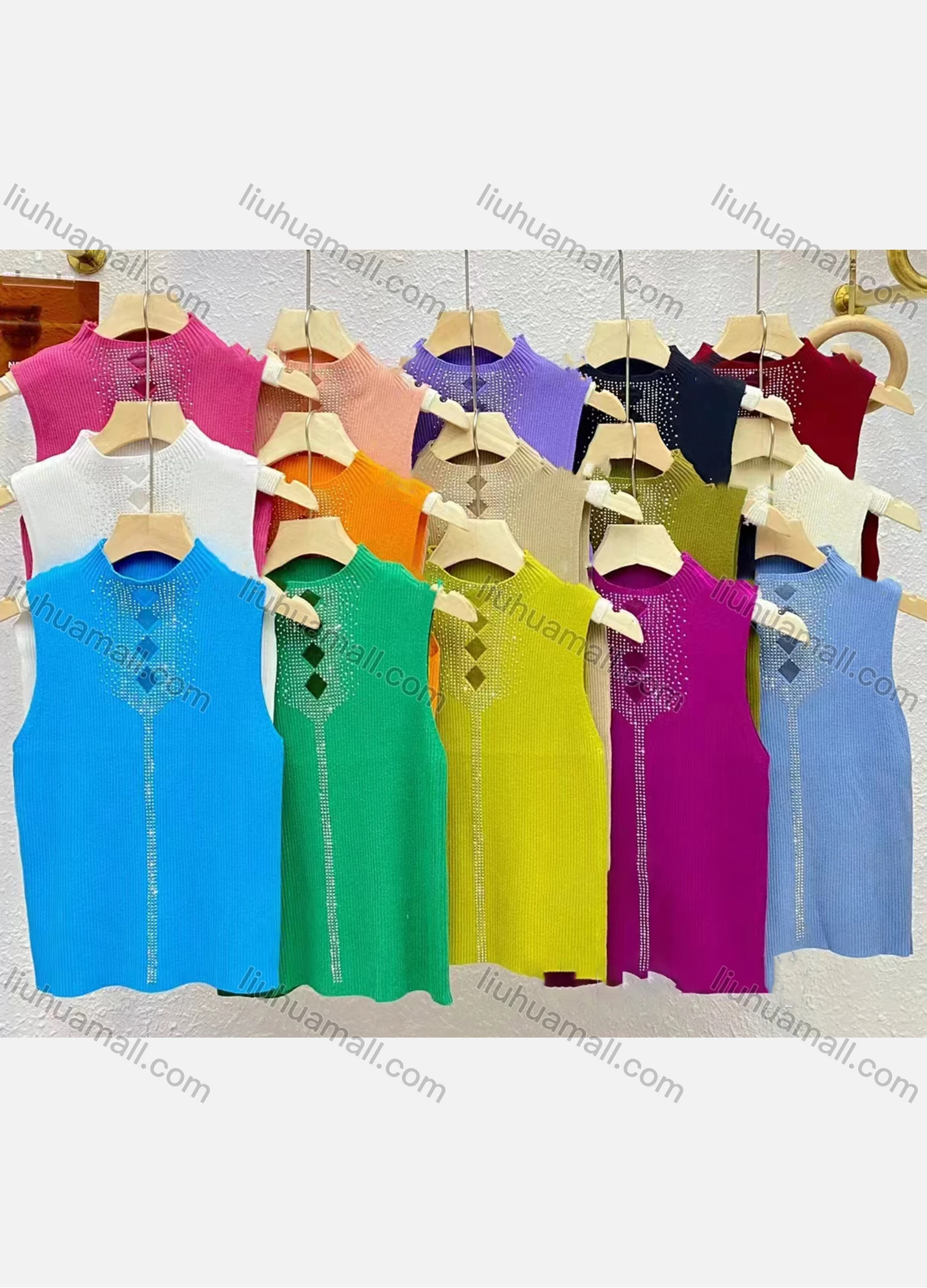 Wholesale Women's Casual Plain Mock Neck Rhinestone Tank Top - Liuhuamall
