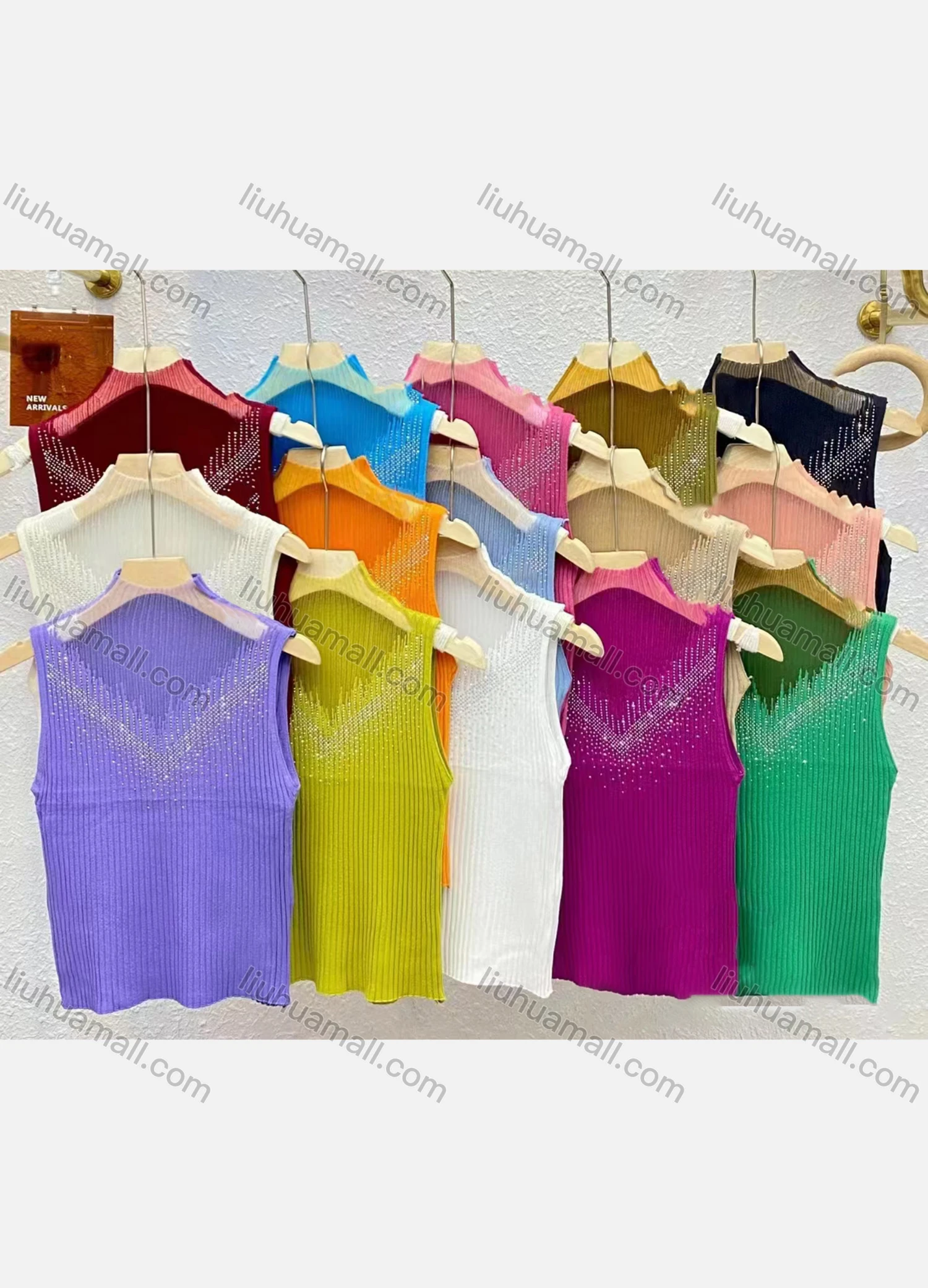 Wholesale Women's Casual Plain Mock Neck Rhinestone Tank Top - Liuhuamall