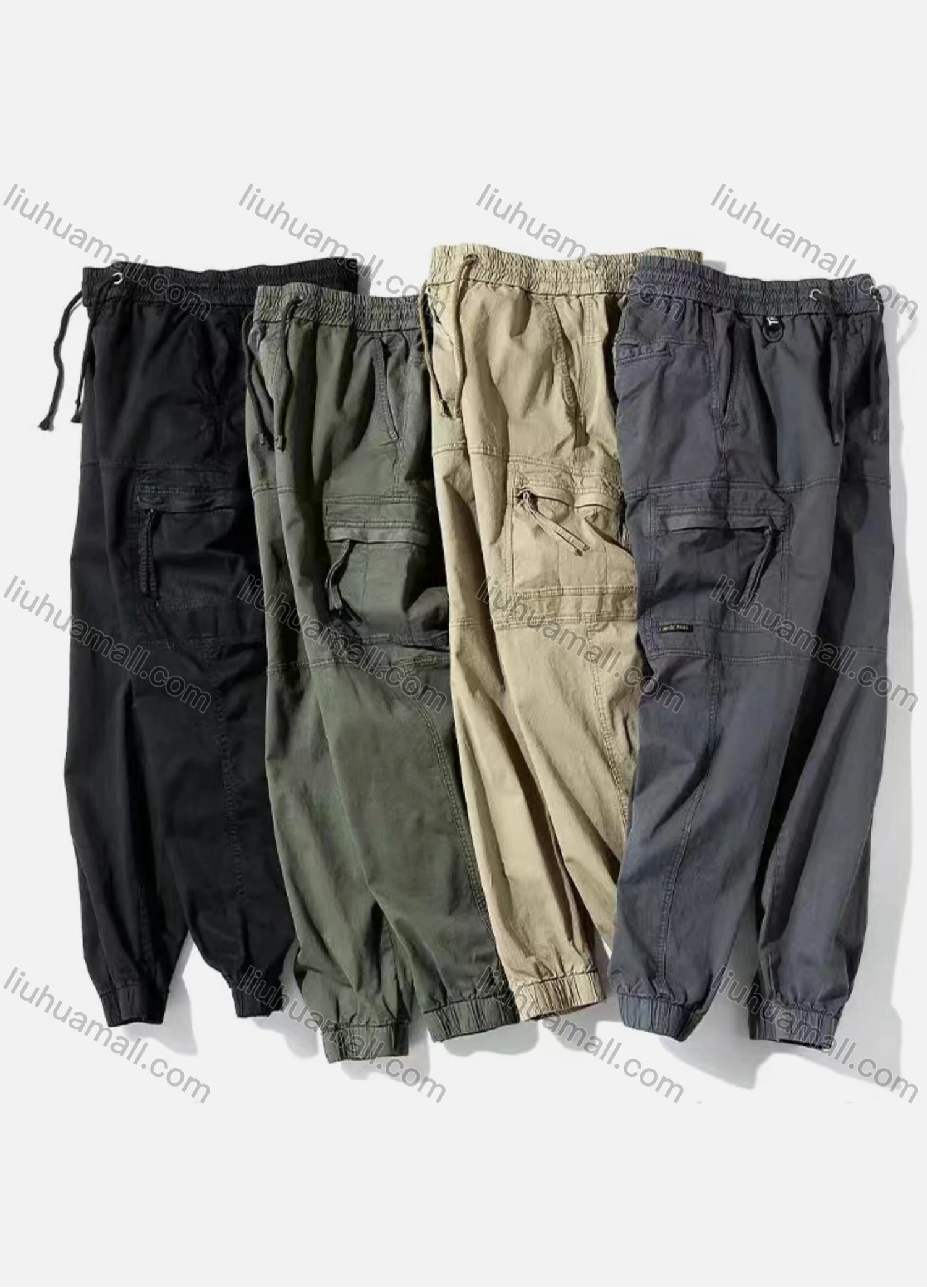Wholesale Men's Casual Plain Ankle Length Multiple Pockets Drawstring Joggers - Liuhuamall