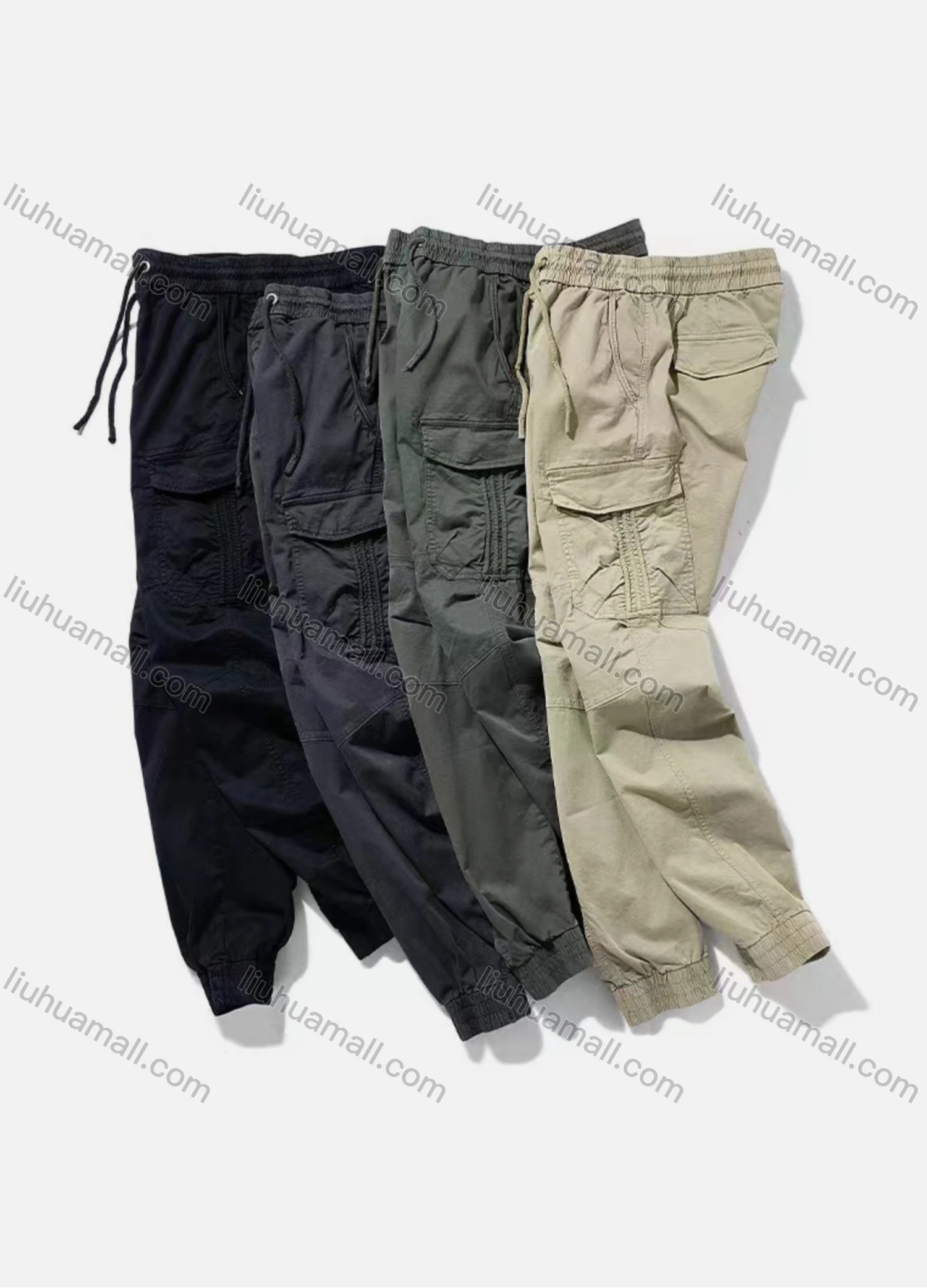 Wholesale Men's Casual Plain Ankle Length Multiple Pockets Drawstring Joggers - Liuhuamall