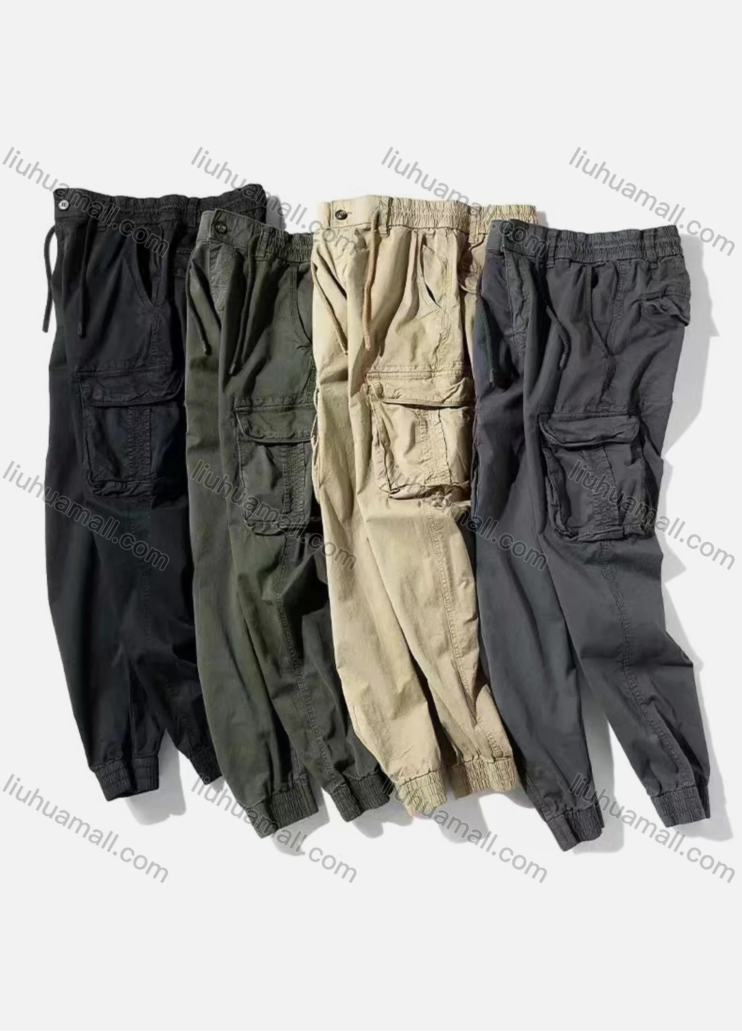 Wholesale Men's Casual Plain Ankle Length Multiple Pockets Drawstring Joggers - Liuhuamall