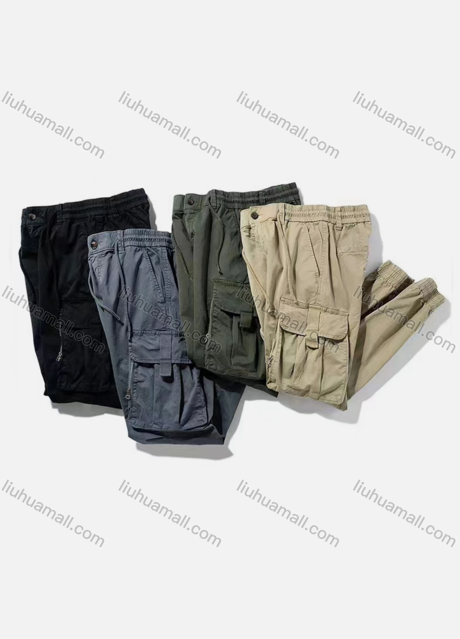 Wholesale Men's Casual Plain Straight Leg Ankle Length Drawstring Cargo Pants - Liuhuamall