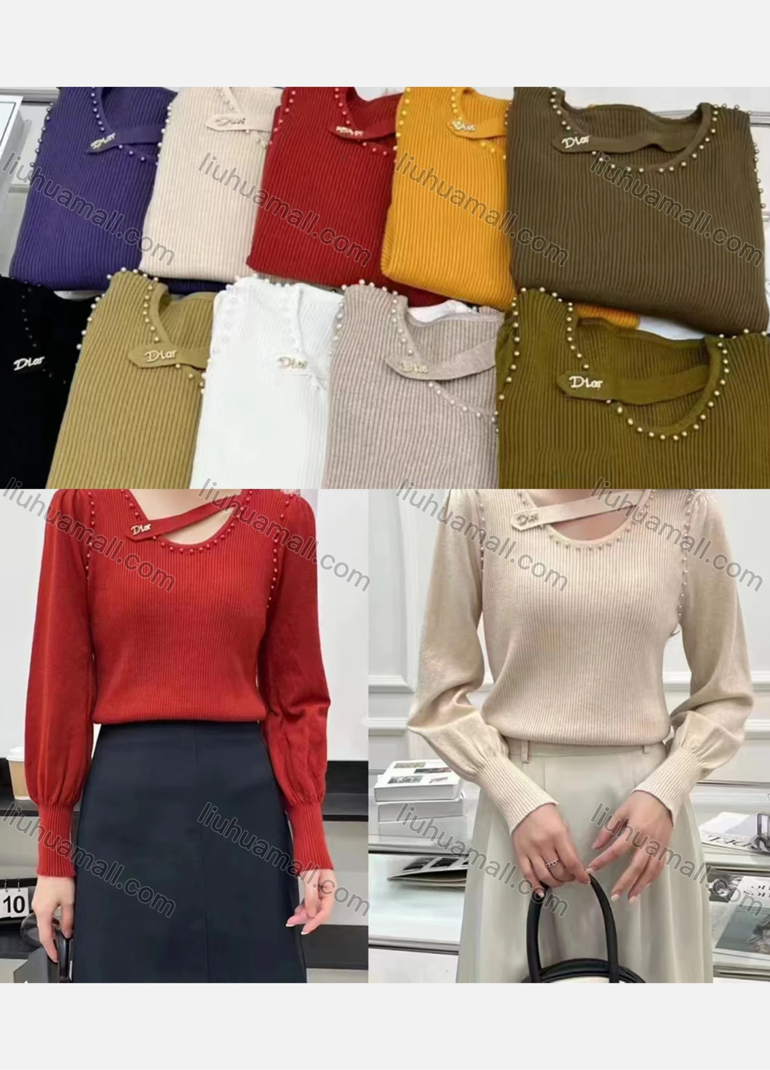 Wholesale Women's Casual Scoop Neck Long Sleeve Pearl Decro Blouse - Liuhuamall