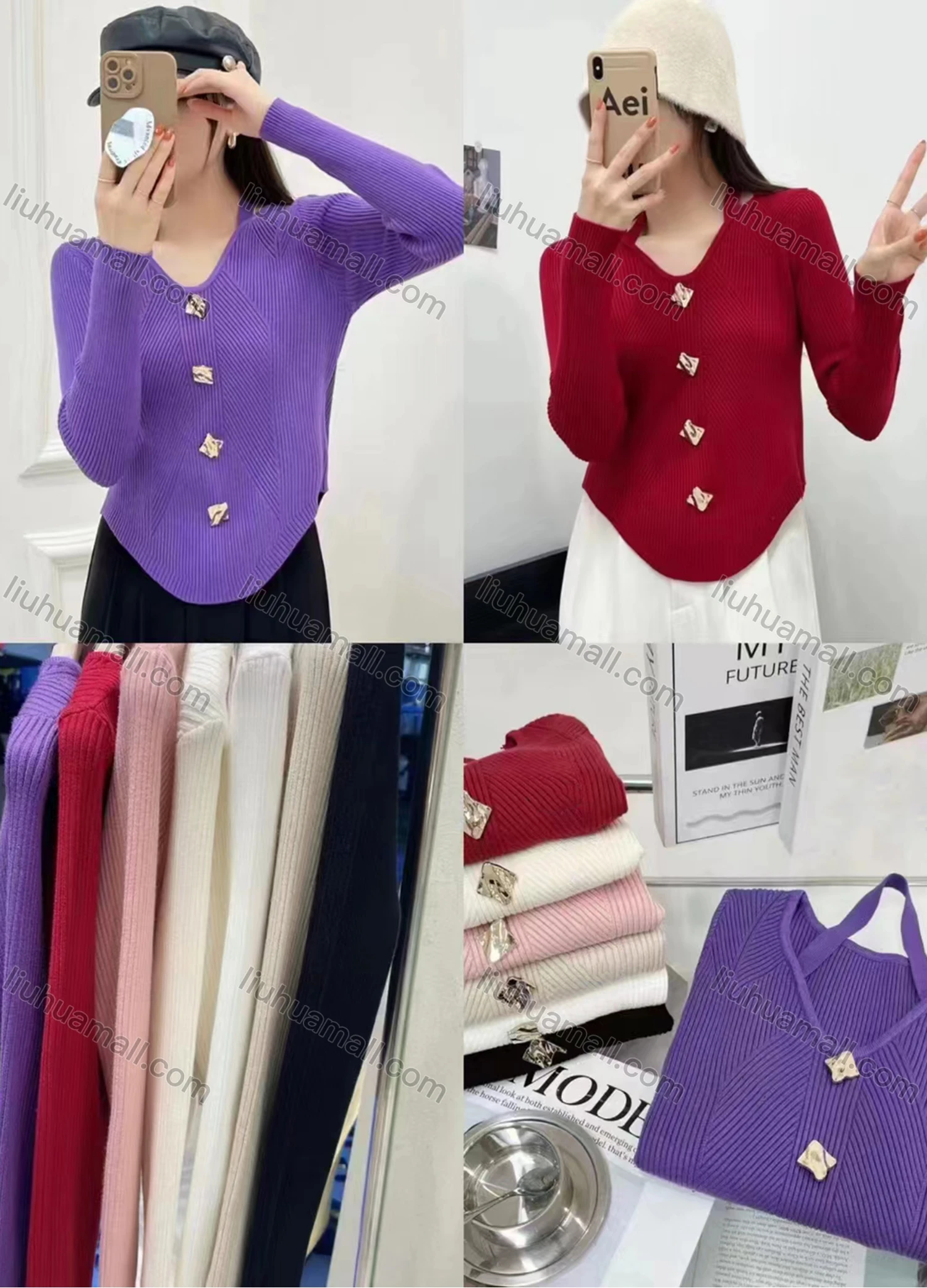 Wholesale Women's Casual Scoop Neck Long Sleeve Button Decro Blouse - Liuhuamall