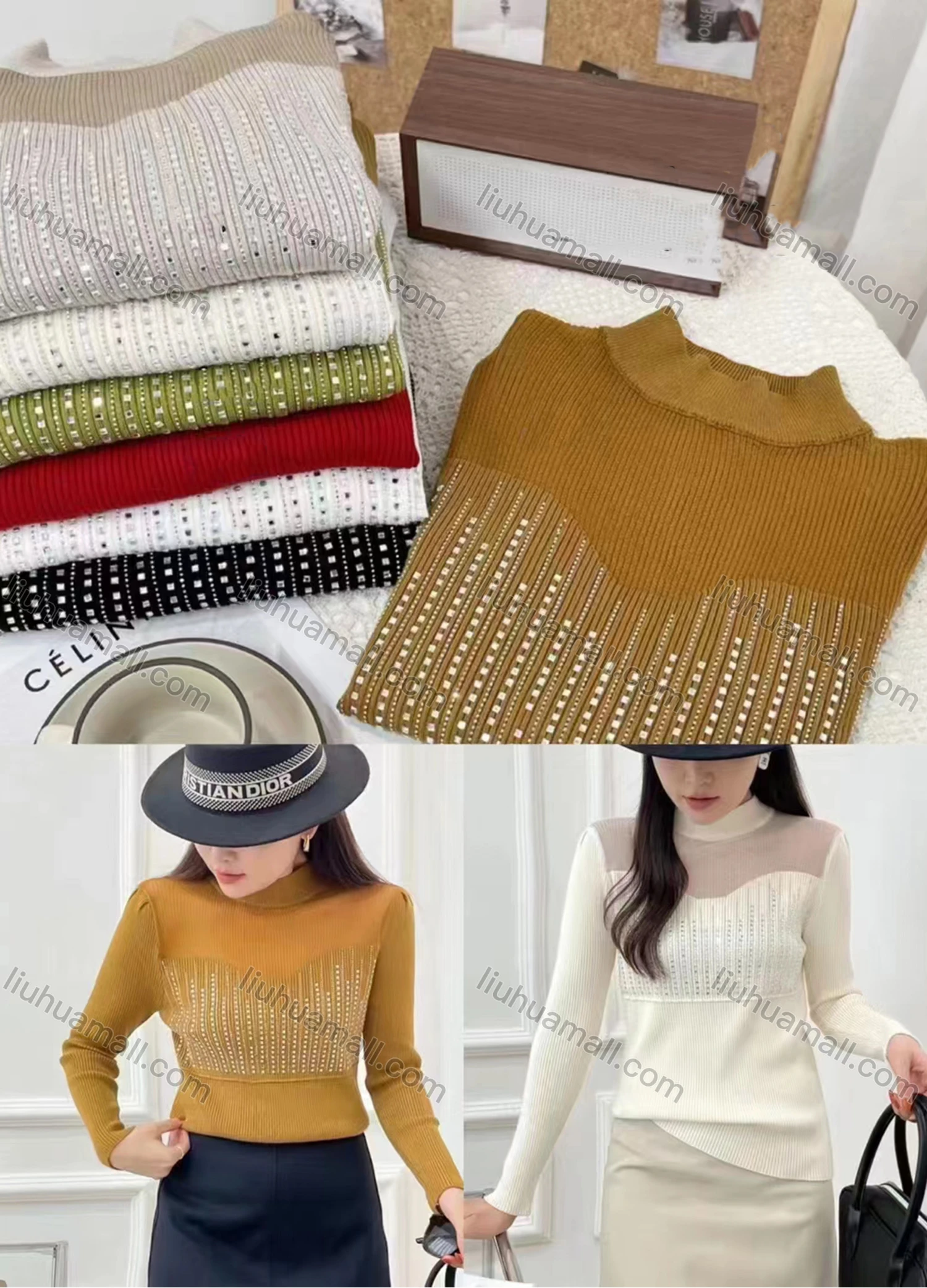 Wholesale Women's Casual Mock Neck Long Sleeve Rhinestone Blouse - Liuhuamall