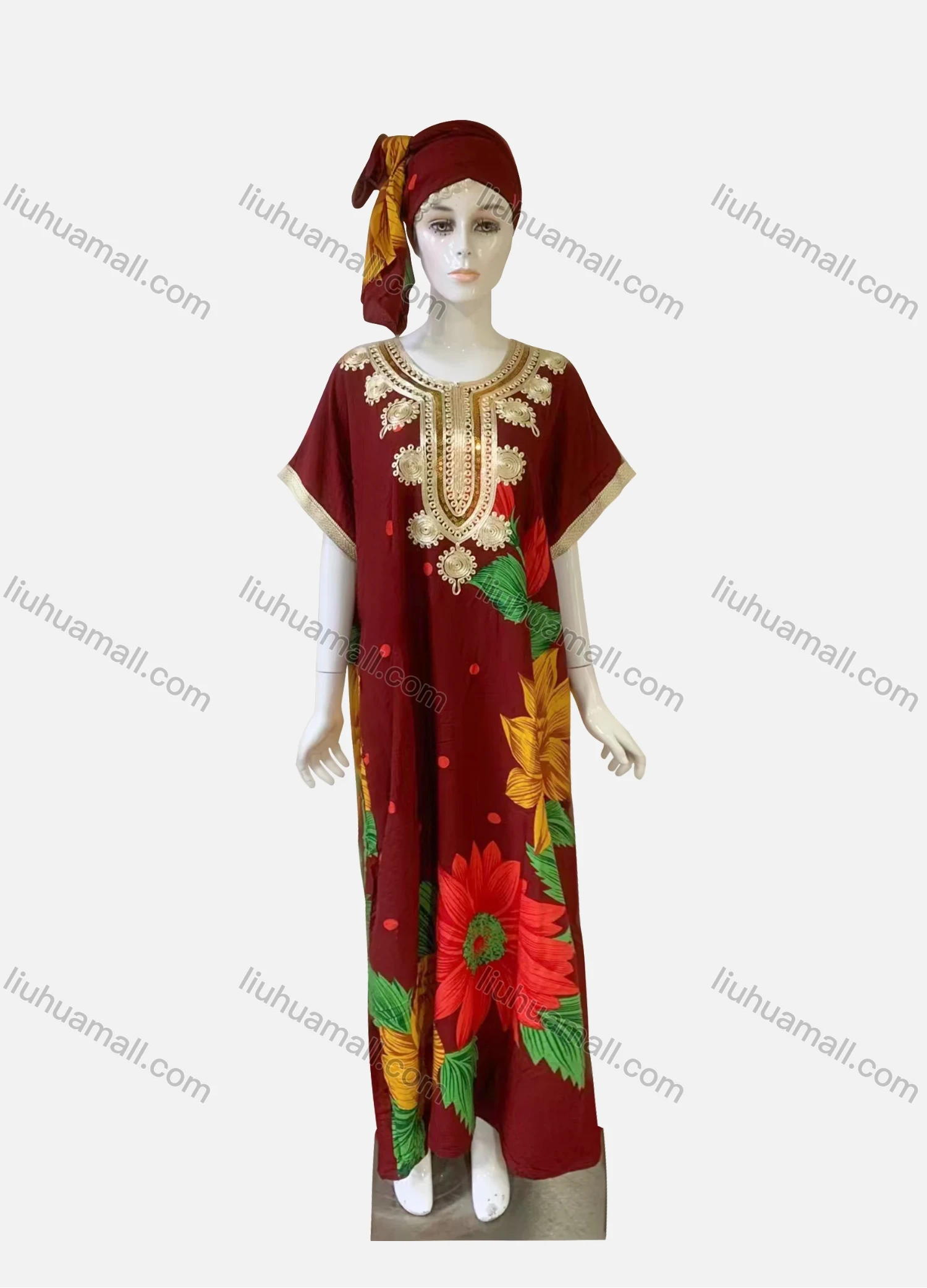 Wholesale Women's African Short Sleeve Floral Gold Thread Embroidery Kaftan Dress With Hijab - Liuhuamall