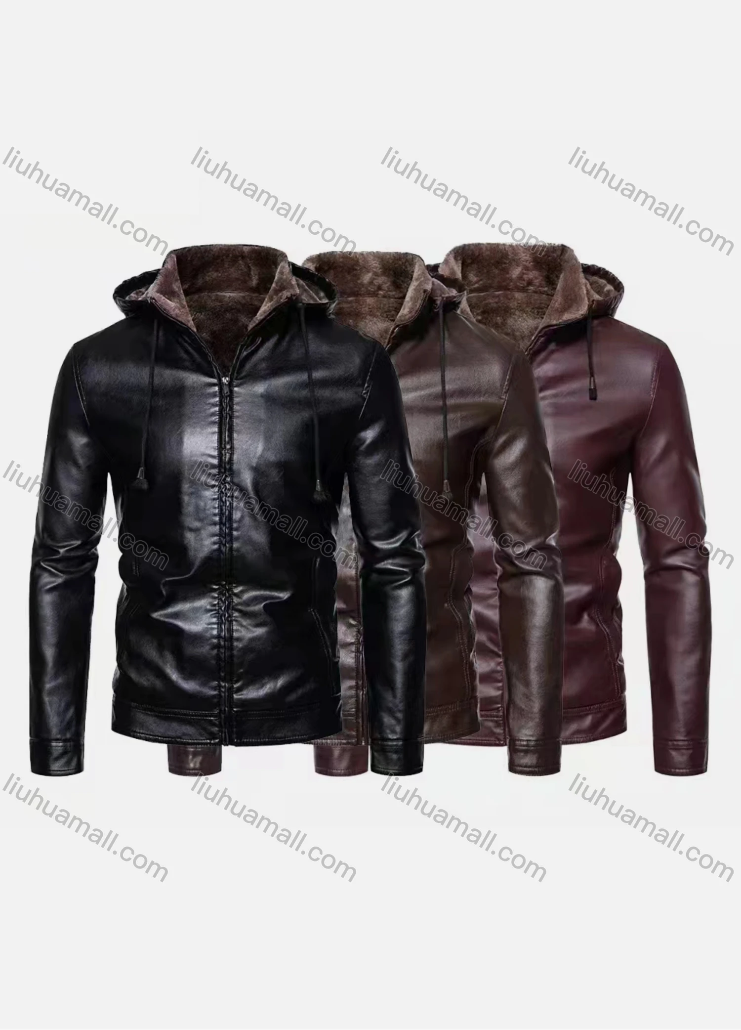 Wholesale Men's Casual Zipper Fleece Lined Leather Jacket With Hood - Liuhuamall
