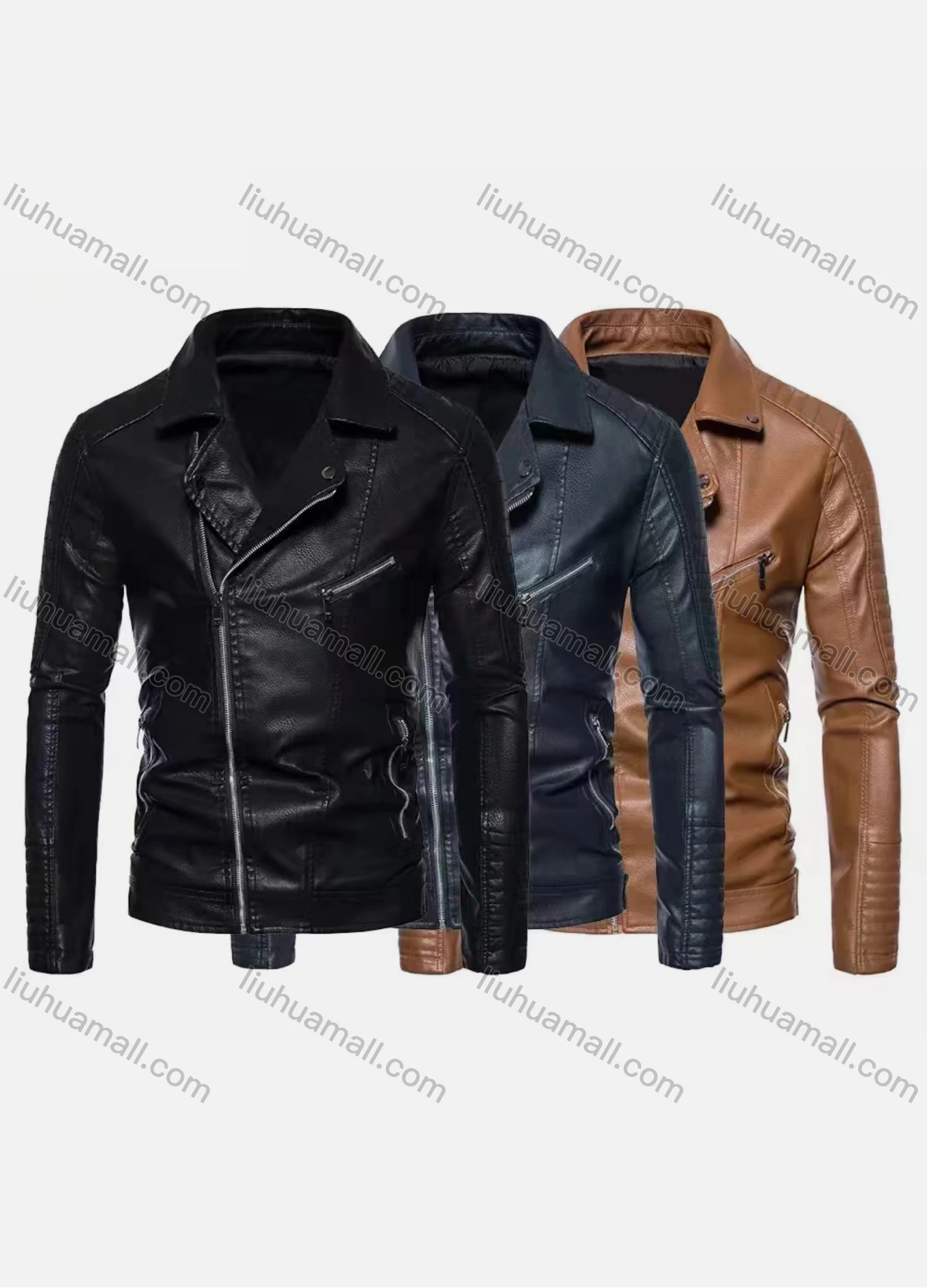 Wholesale Men's Fashion Moto Lapel Long Sleeve Zipper Leather Biker Jacket - Liuhuamall