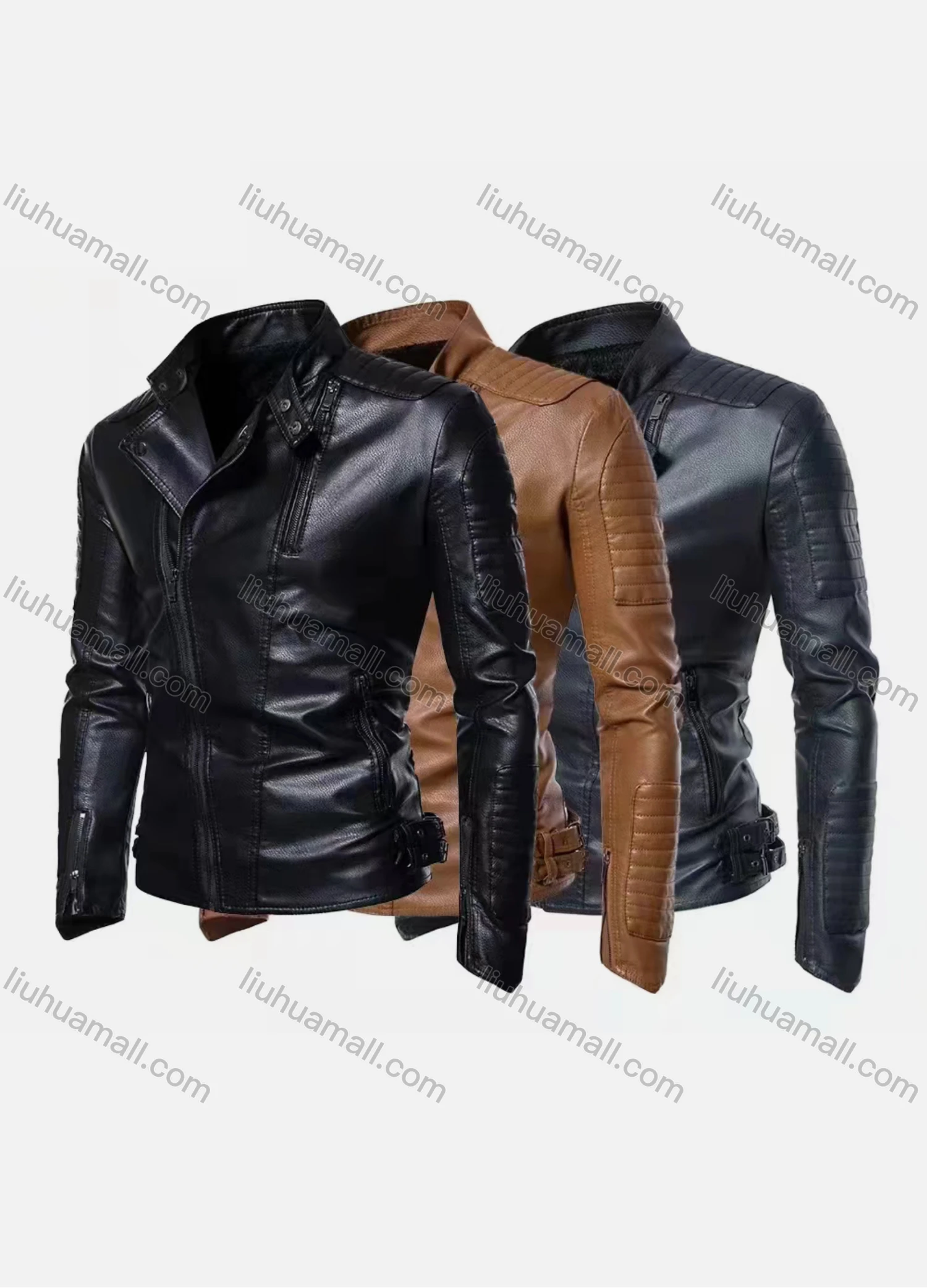 Wholesale Men's Fashion Moto Lapel Long Sleeve Zipper Leather Biker Jacket - Liuhuamall