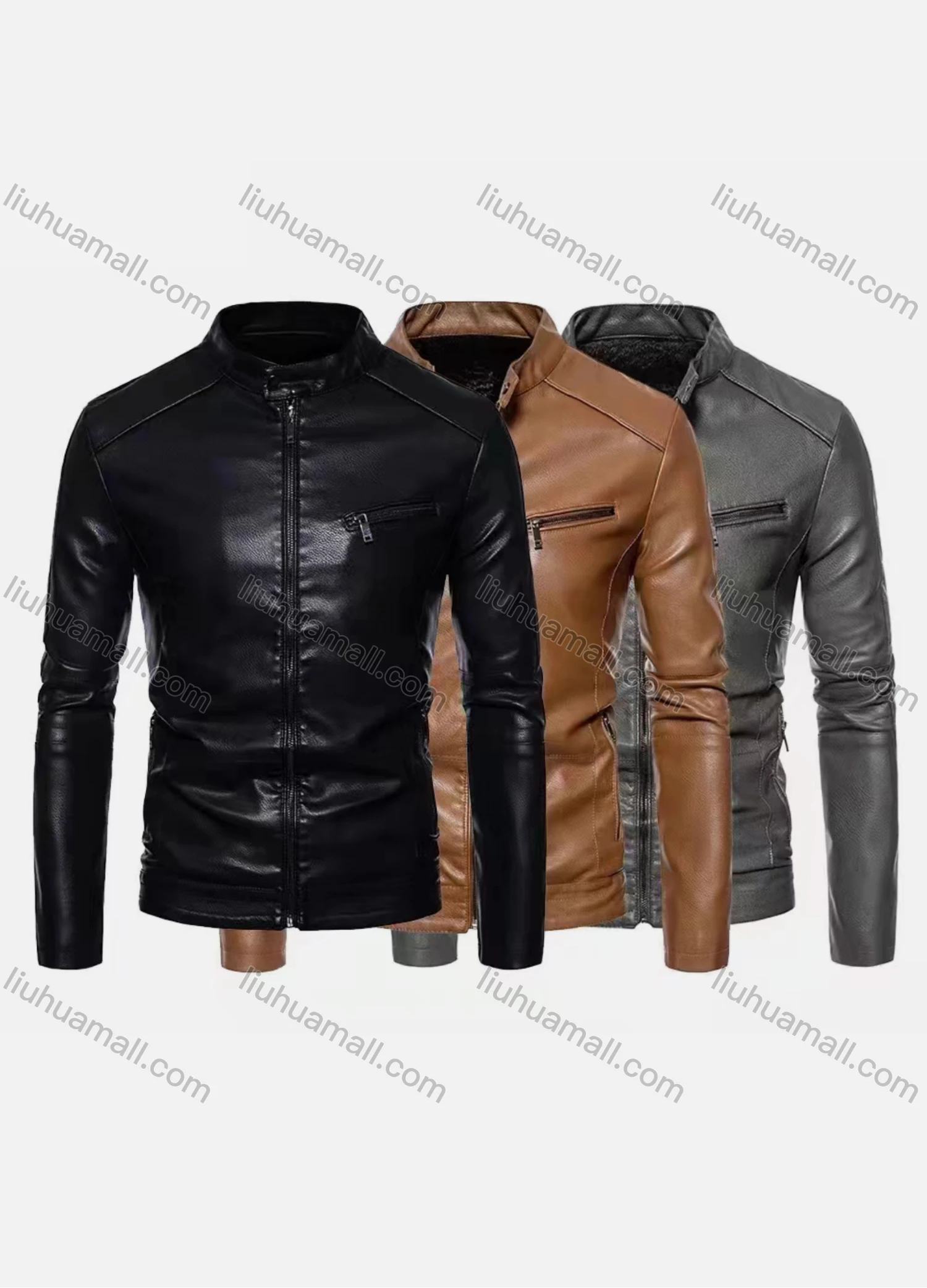 Wholesale Men's Fashion Stand Collar Long Sleeve Zipper Leather Jacket - Liuhuamall