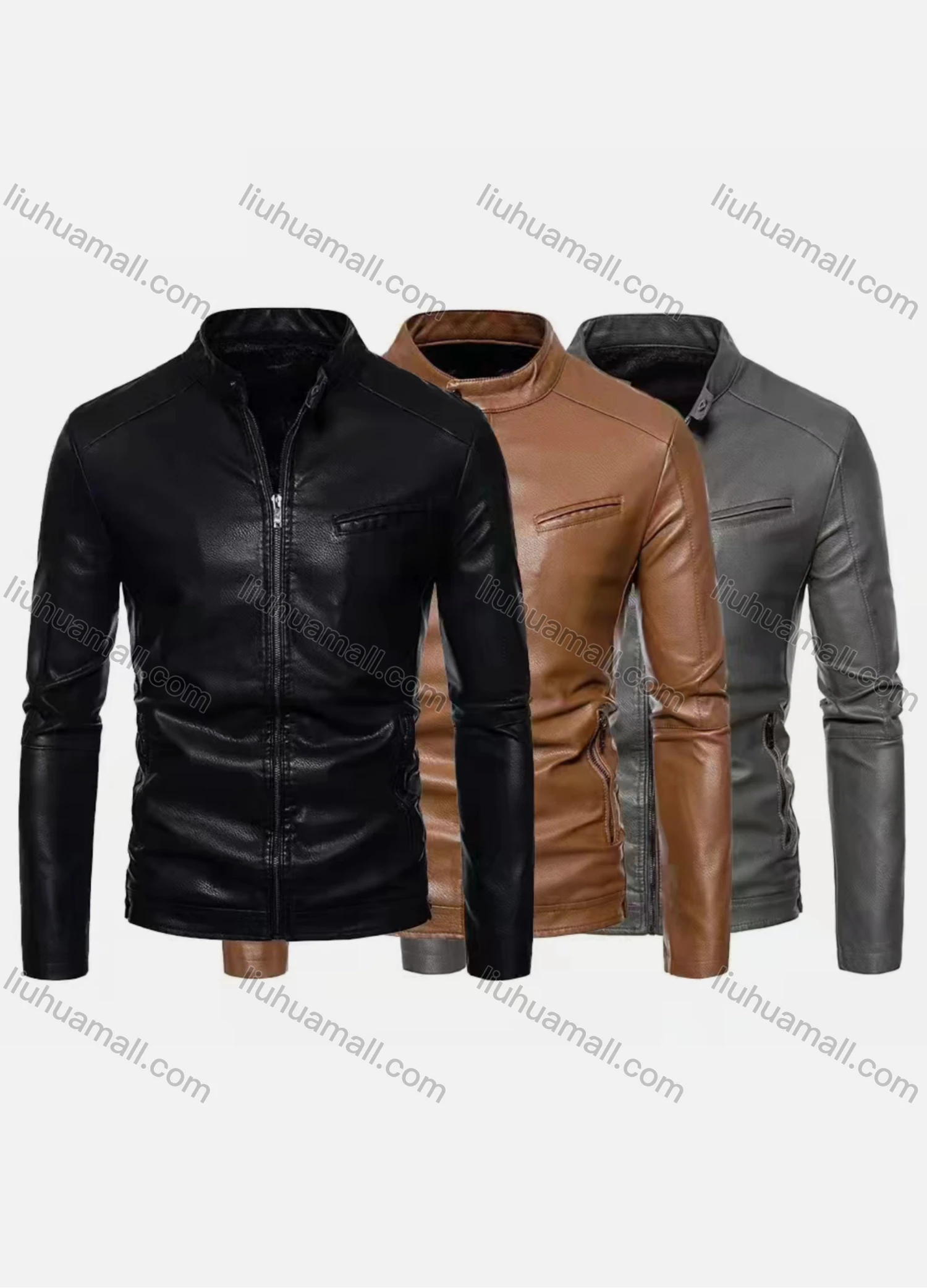 Wholesale Men's Fashion Stand Collar Long Sleeve Zipper Leather Jacket - Liuhuamall