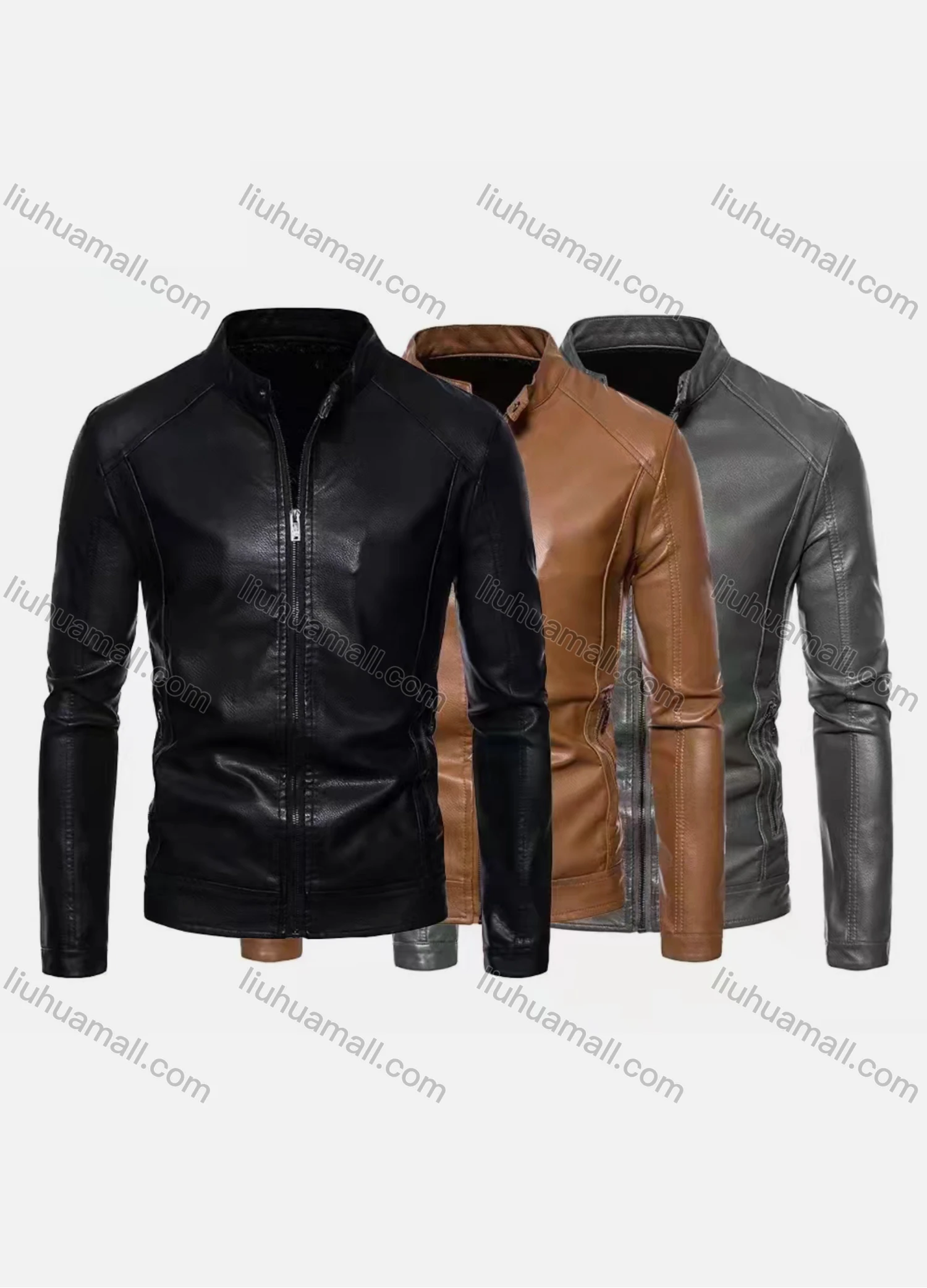 Wholesale Men's Fashion Stand Collar Long Sleeve Zipper Leather Jacket - Liuhuamall