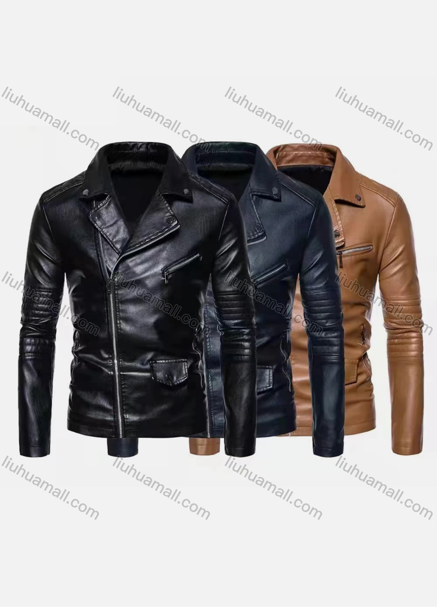 Wholesale Men's Fashion Moto Lapel Long Sleeve Zipper Leather Biker Jacket - Liuhuamall