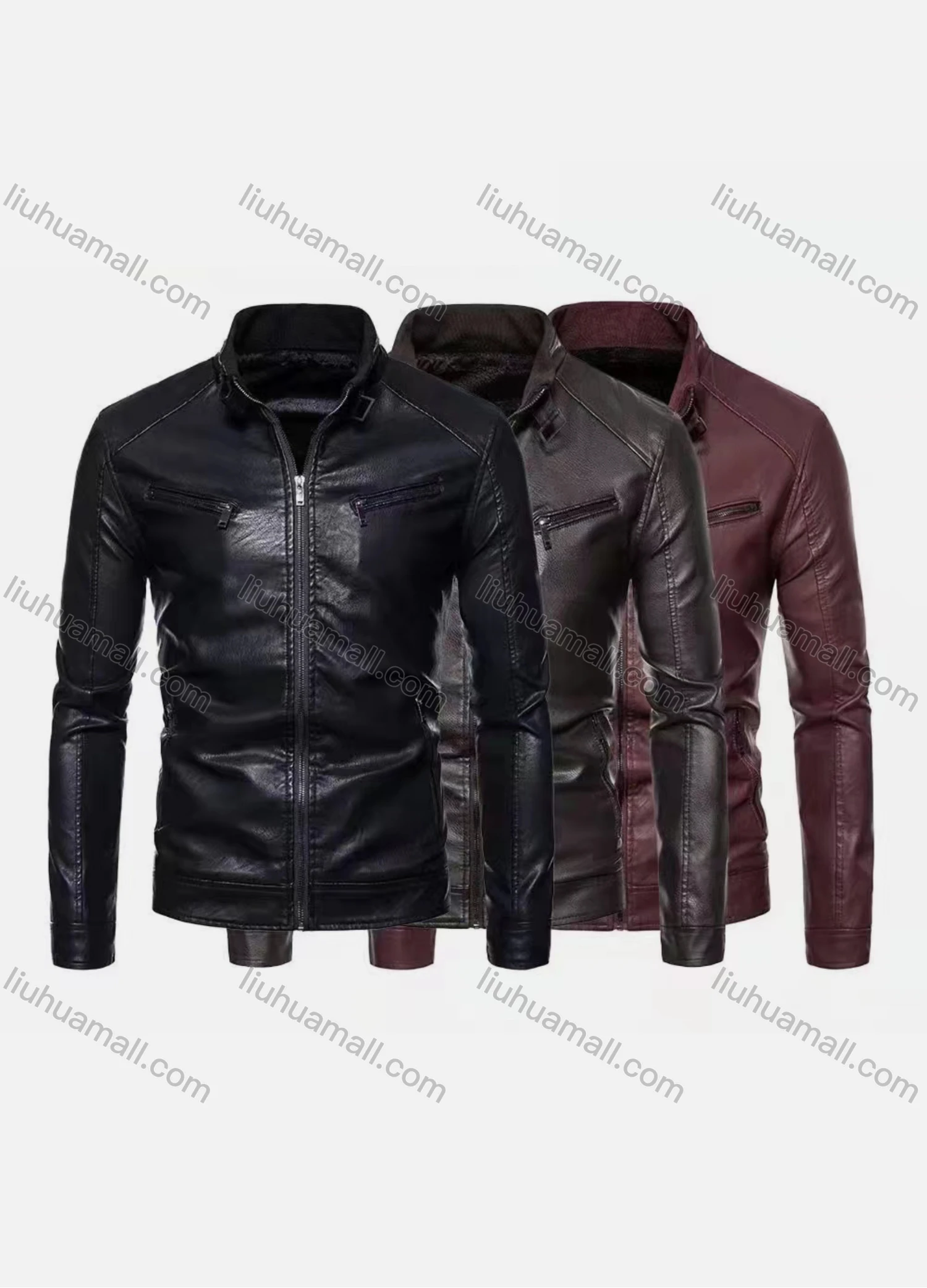 Wholesale Men's Fashion Stand Collar Long Sleeve Zipper Leather Jacket - Liuhuamall