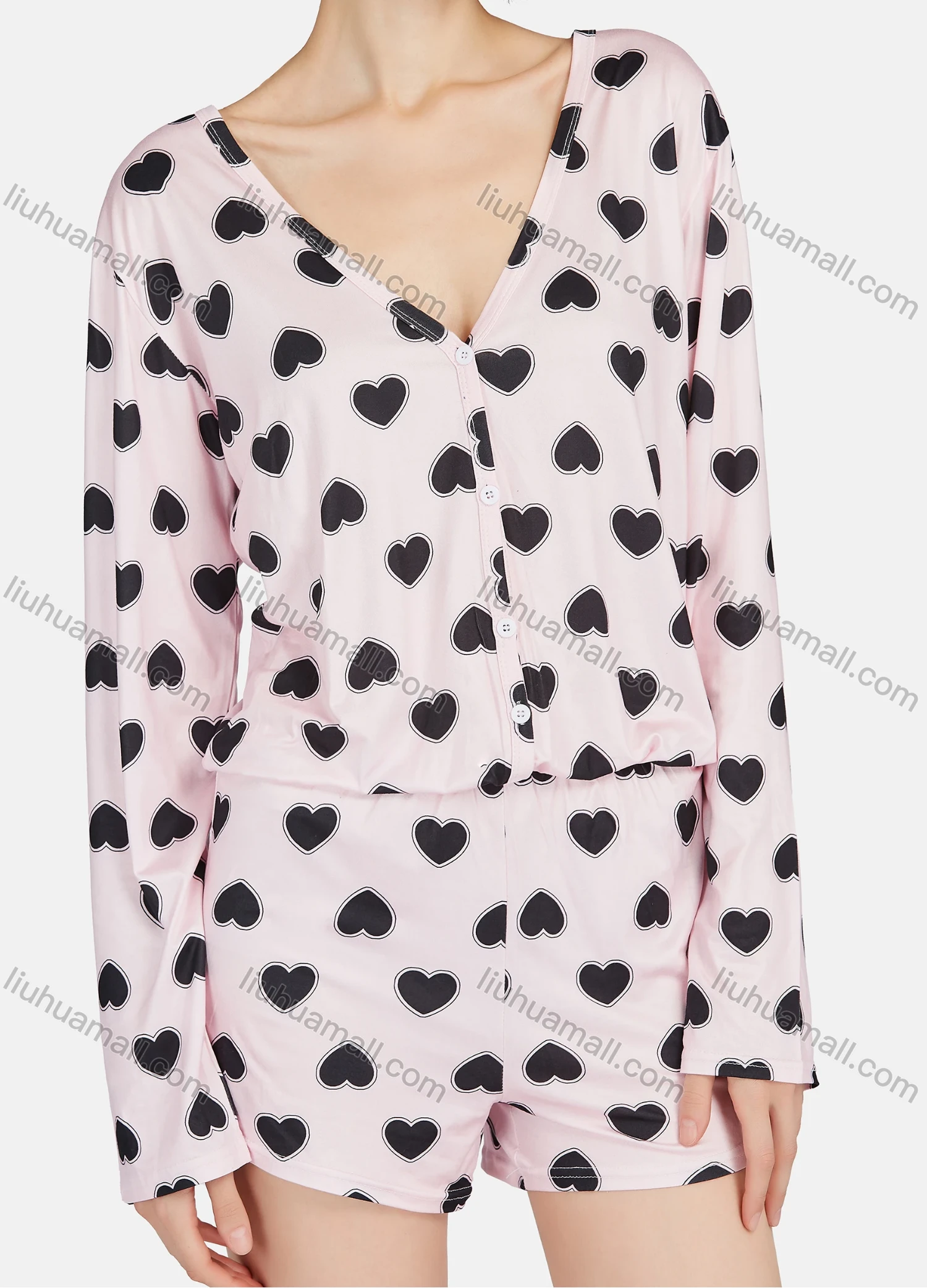 Wholesale Women's Milk Silk Heart Print V Neck Button Front Lounge Soft Long Sleeve Romper Pajamas A19# - Liuhuamall