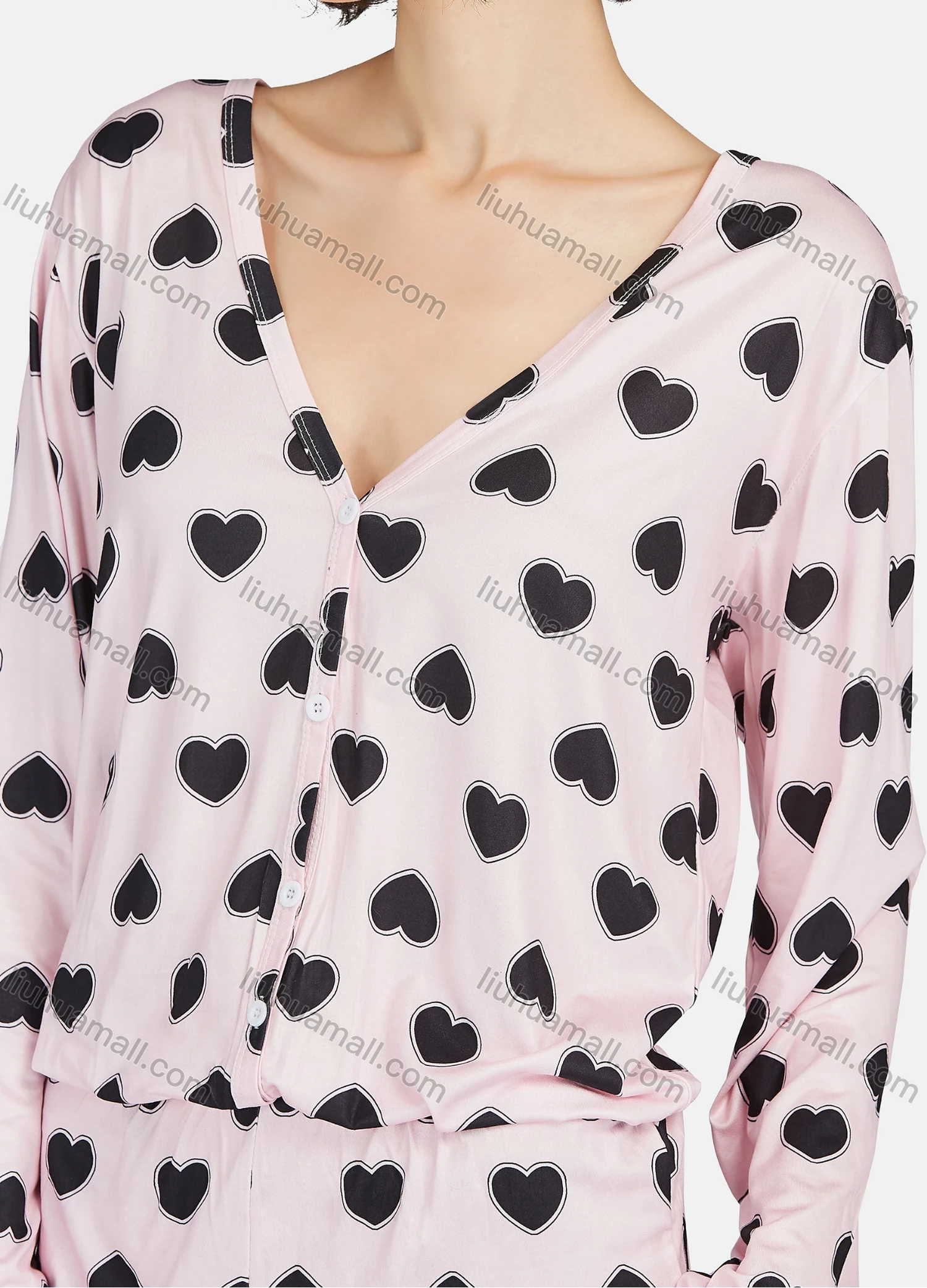 Wholesale Women's Milk Silk Heart Print V Neck Button Front Lounge Soft Long Sleeve Romper Pajamas A19# - Liuhuamall