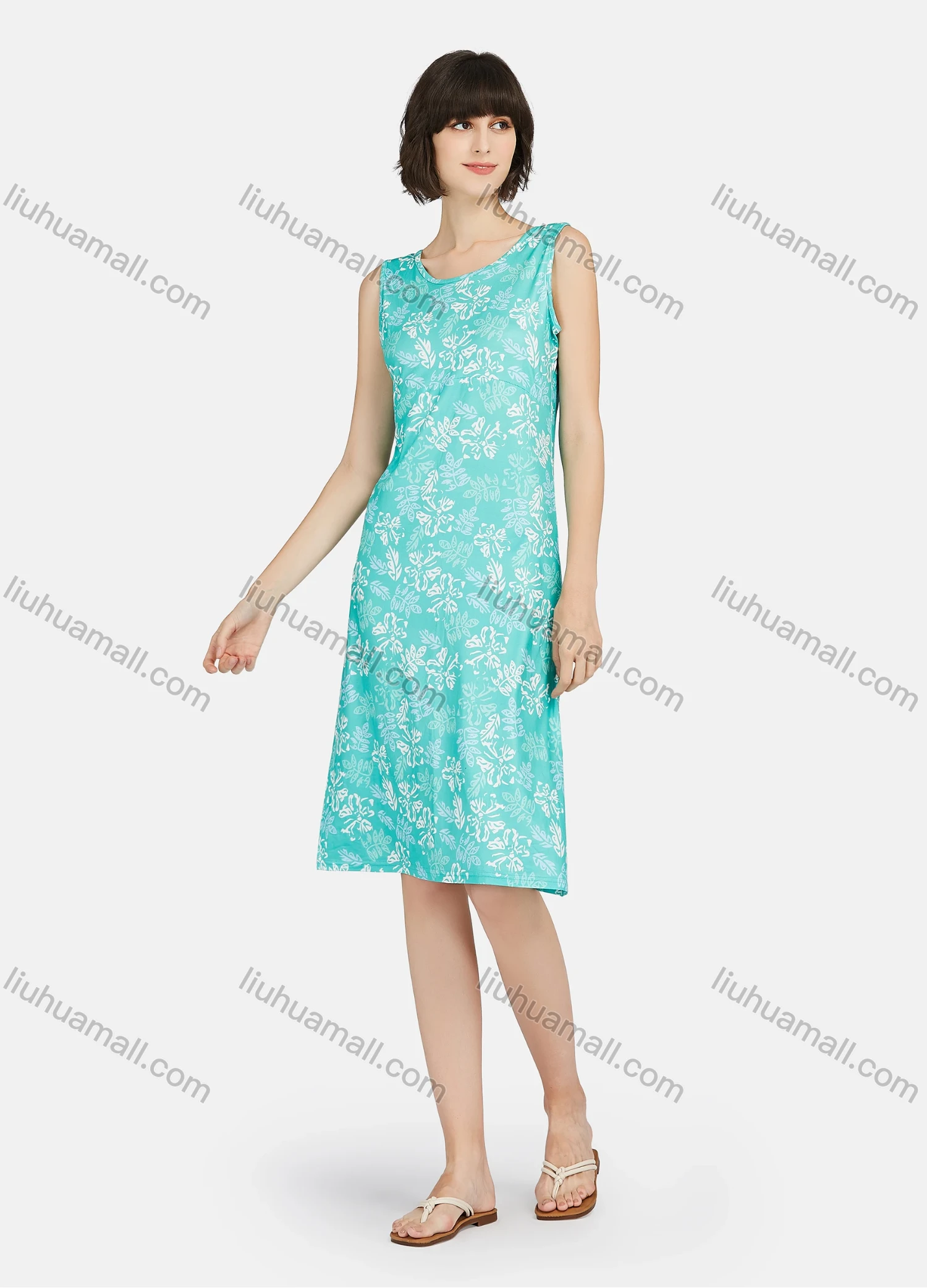Wholesale Women's Milk Silk Sleeveless Floral Print Crew Neck Knee Length Lounge Tank Nightgown A01# - Liuhuamall