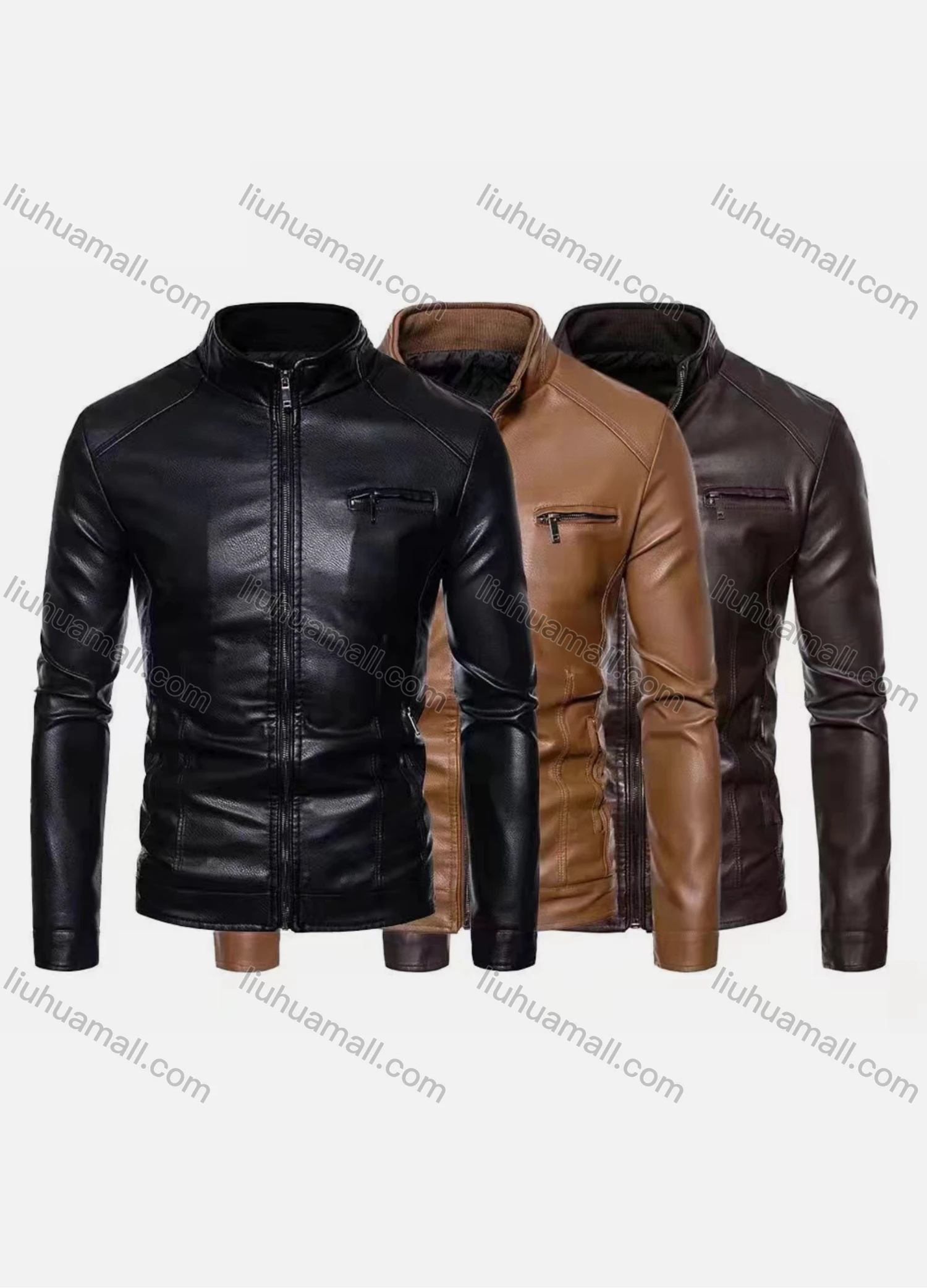 Wholesale Men's Fashion Moto Stand Collar Flap Pockets Zipper Leather Jacket - Liuhuamall