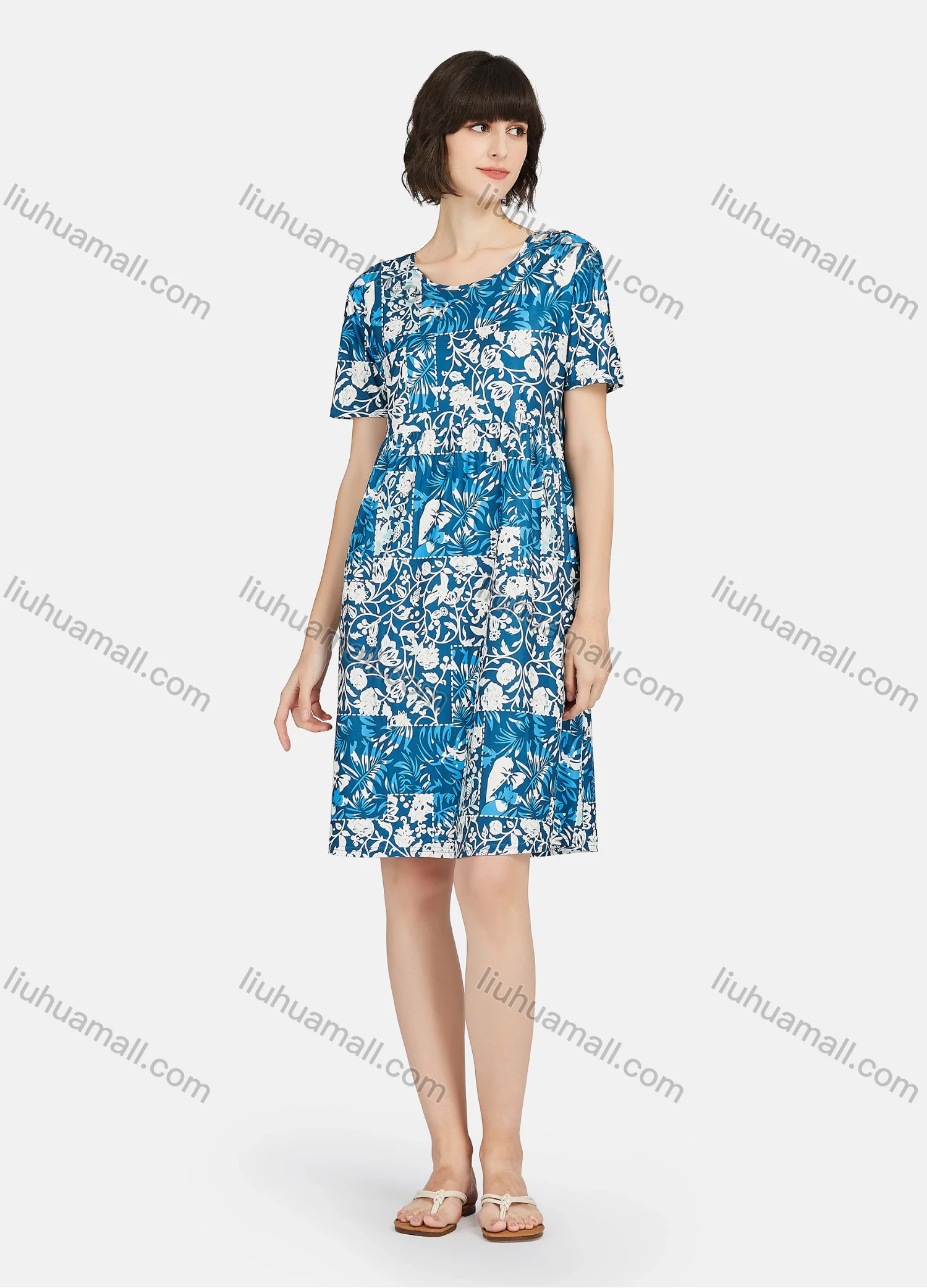 Wholesale Women's Milk Silk Floral Print Round Neck Patchwork Short Sleeve Lounge Soft Nightdress A02# - Liuhuamall