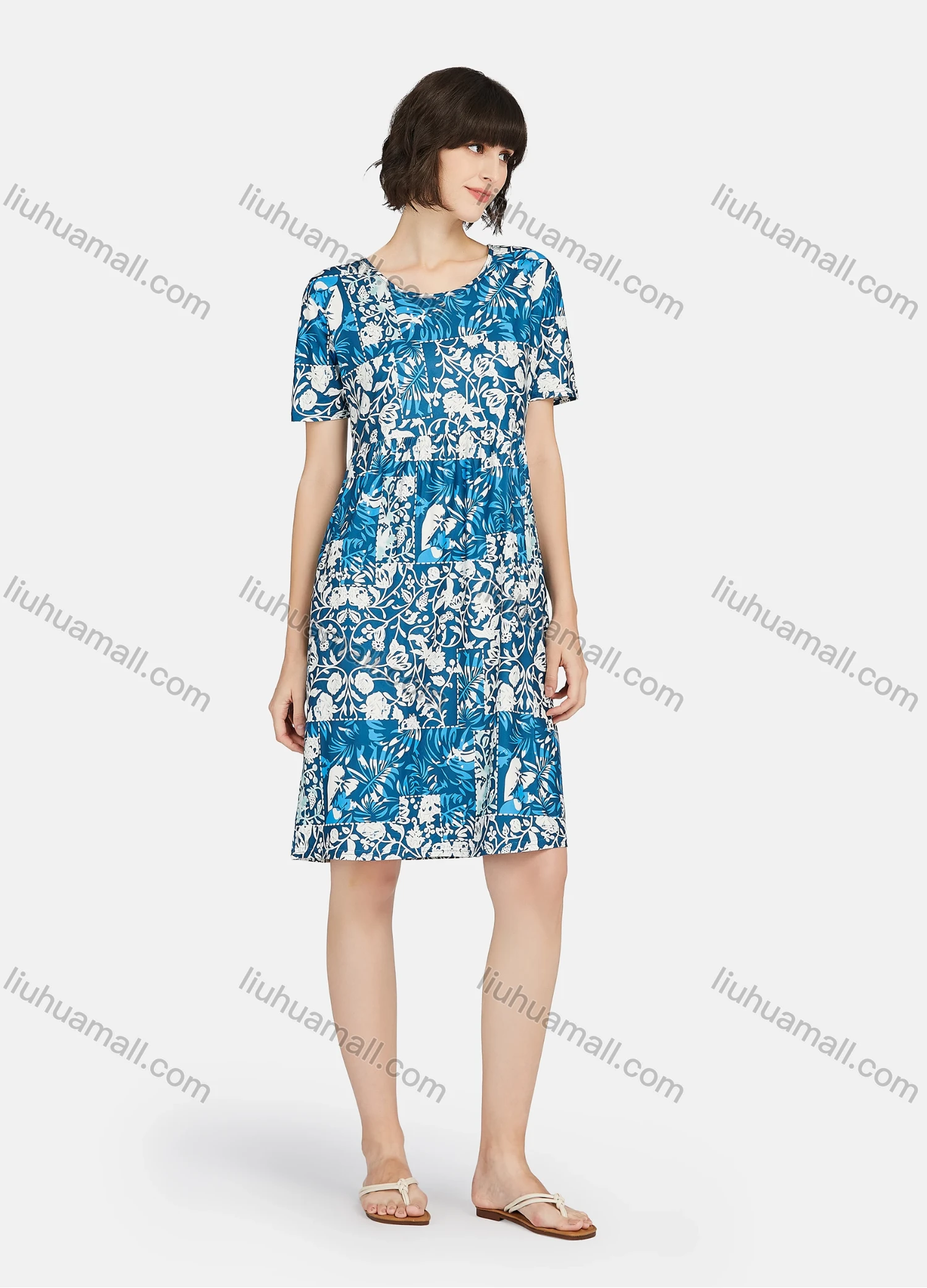Wholesale Women's Milk Silk Floral Print Round Neck Patchwork Short Sleeve Lounge Soft Nightdress A02# - Liuhuamall