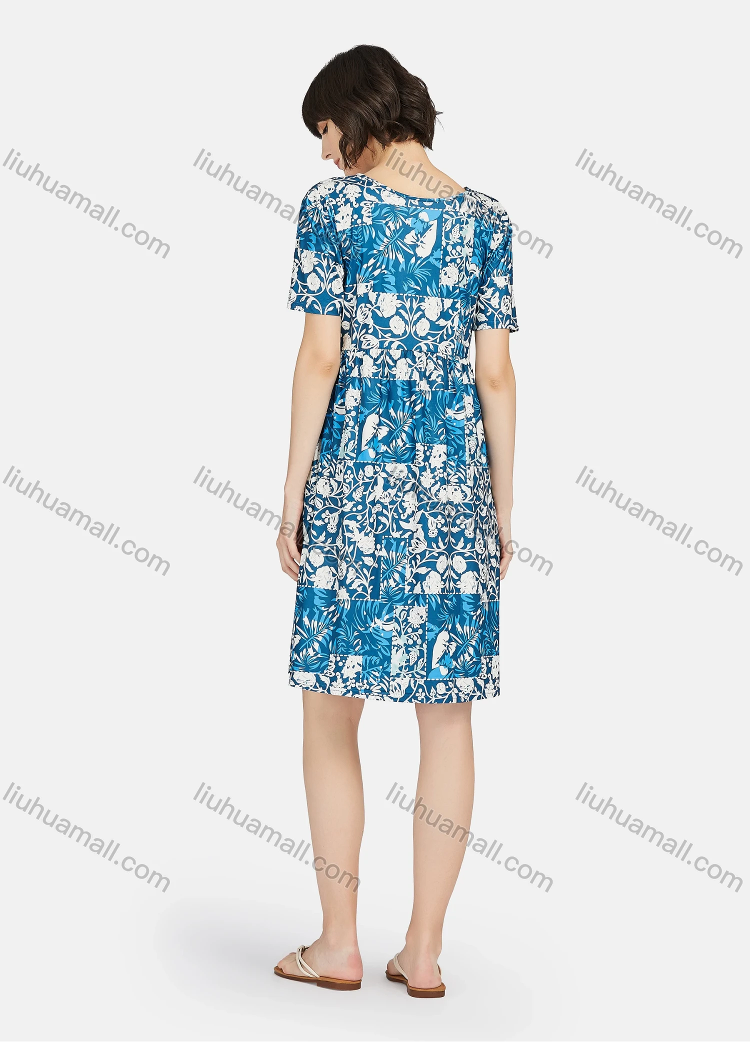 Wholesale Women's Milk Silk Floral Print Round Neck Patchwork Short Sleeve Lounge Soft Nightdress A02# - Liuhuamall