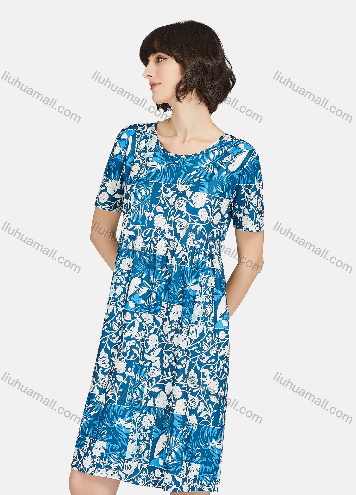 Wholesale Women's Milk Silk Floral Print Round Neck Patchwork Short Sleeve Lounge Soft Nightdress A02# - Liuhuamall