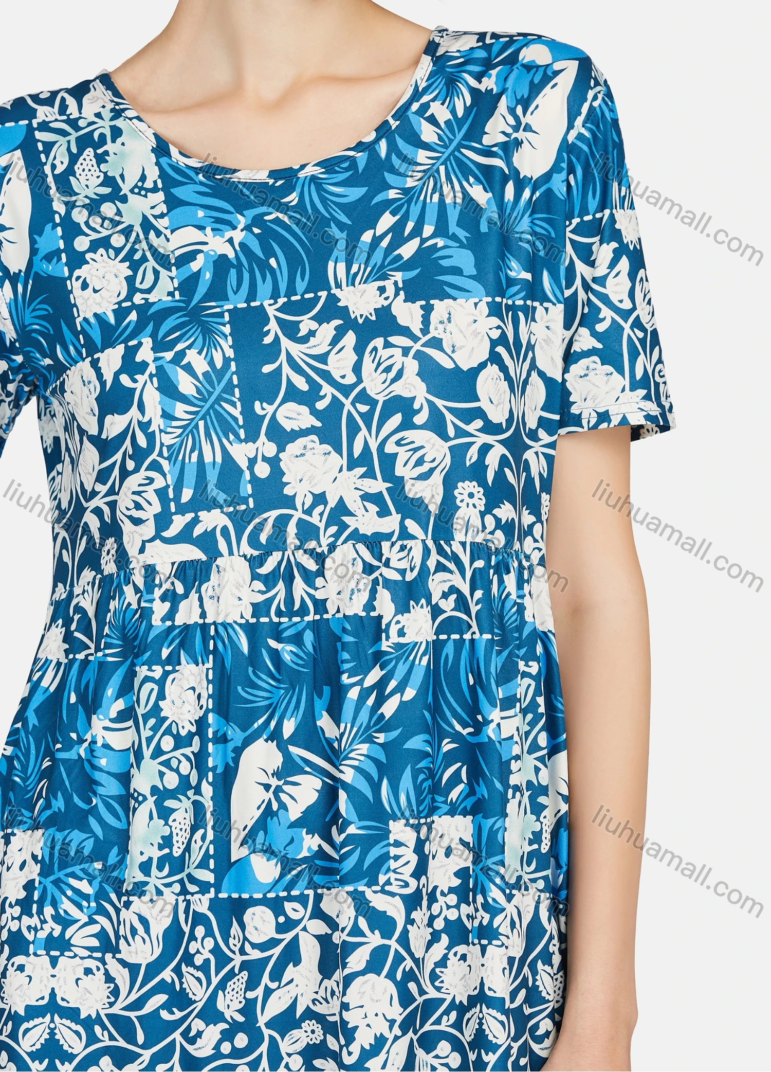 Wholesale Women's Milk Silk Floral Print Round Neck Patchwork Short Sleeve Lounge Soft Nightdress A02# - Liuhuamall