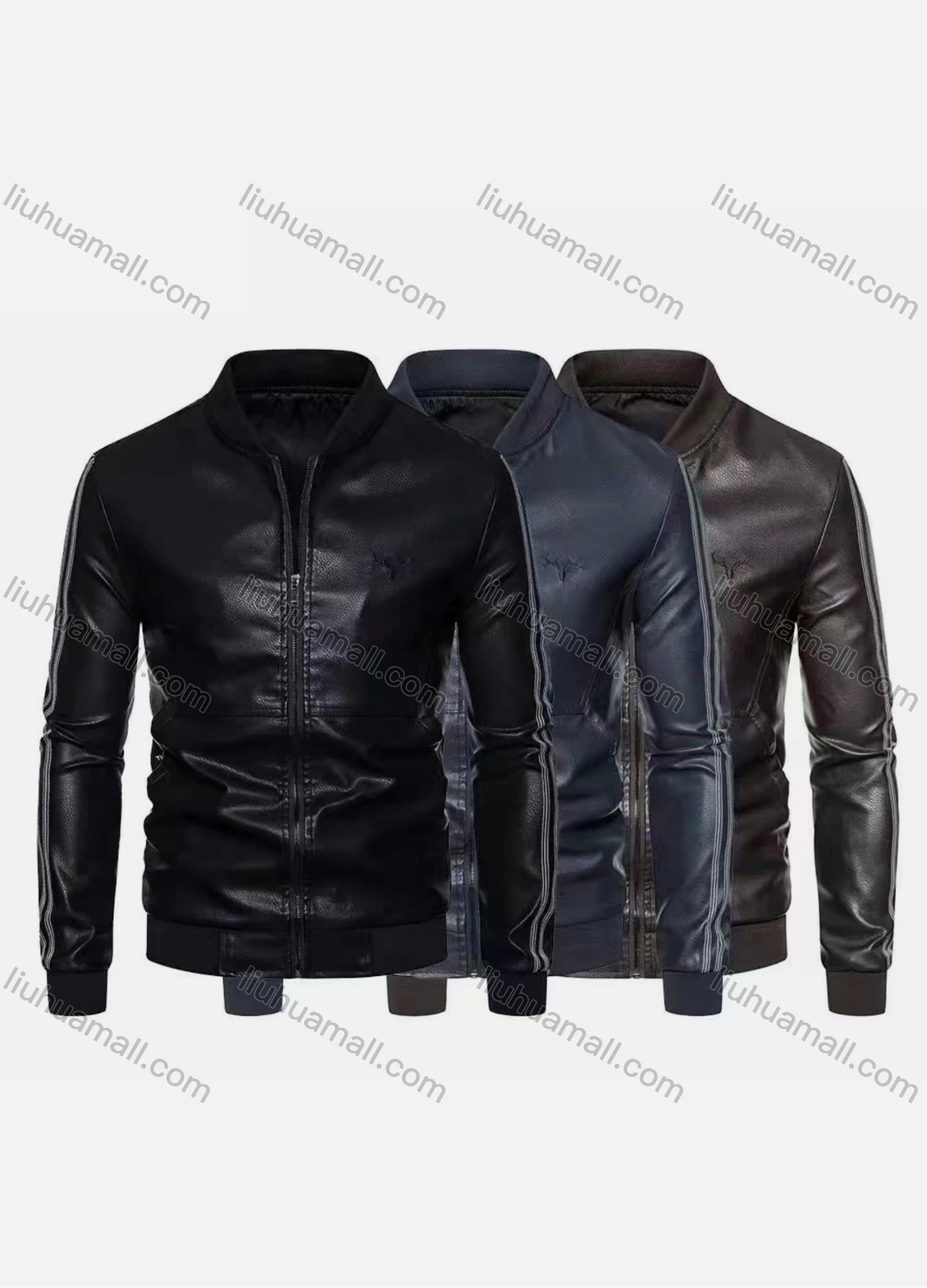 Wholesale Men's Fashion Splicing Striped Stand Collar Zipper Leather Jacket - Liuhuamall