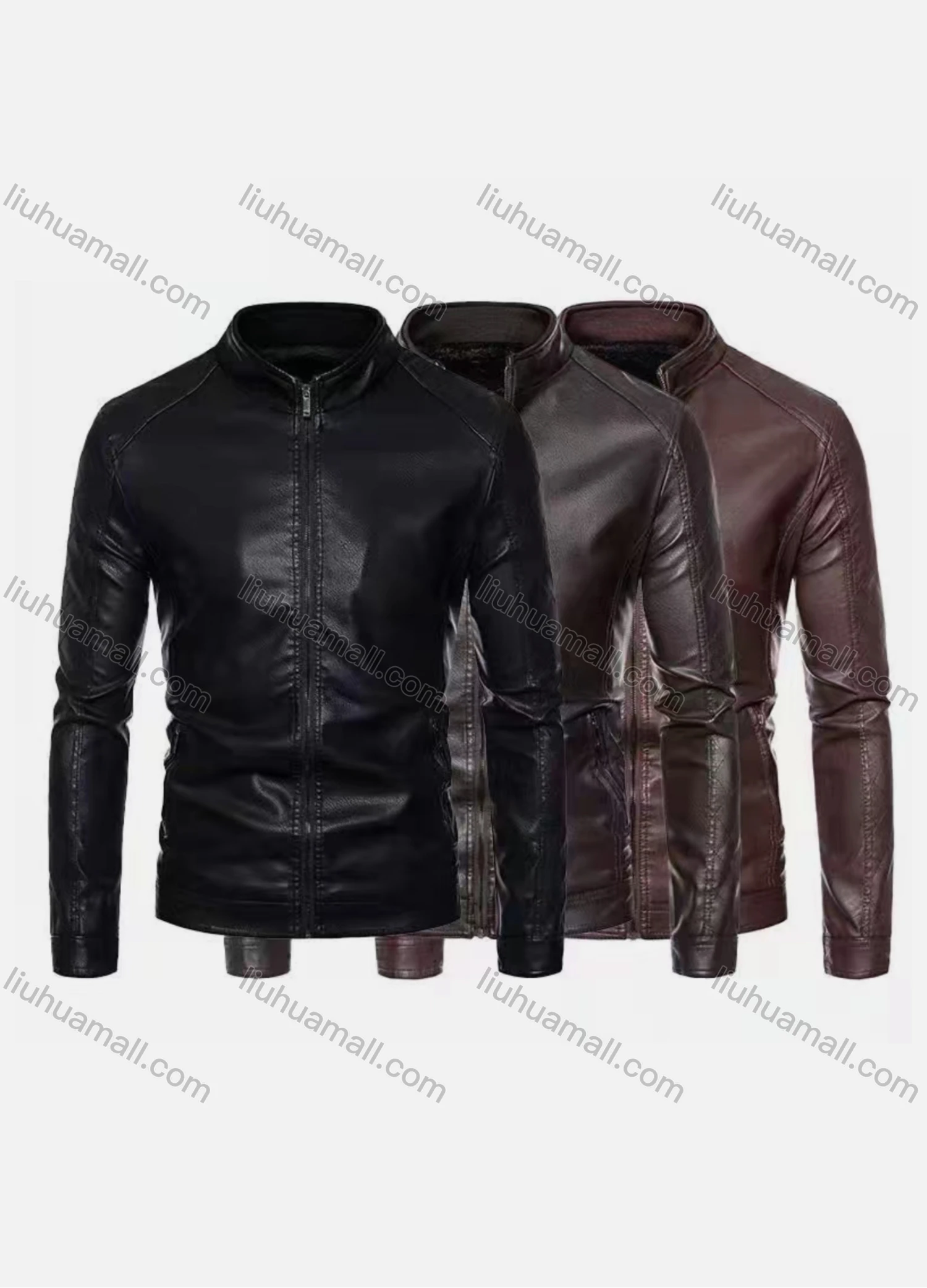 Wholesale Men's Fashion Moto Stand Collar Zipper Pockets Zipper Leather Jacket - Liuhuamall