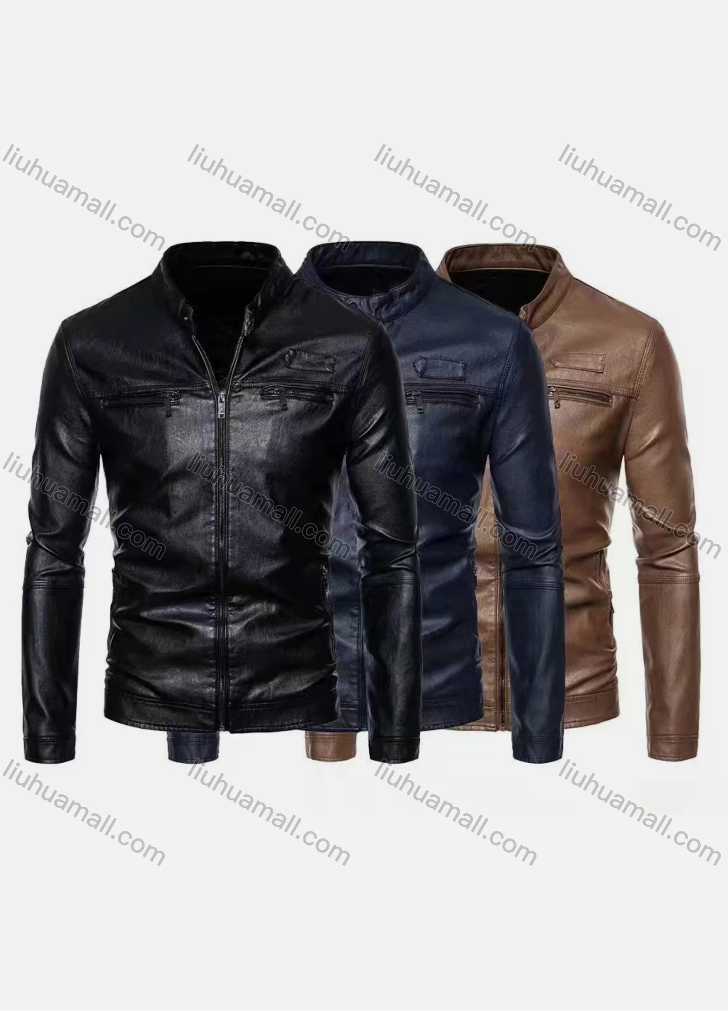 Wholesale Men's Fashion Moto Stand Collar Zipper Pockets Zipper Leather Jacket - Liuhuamall
