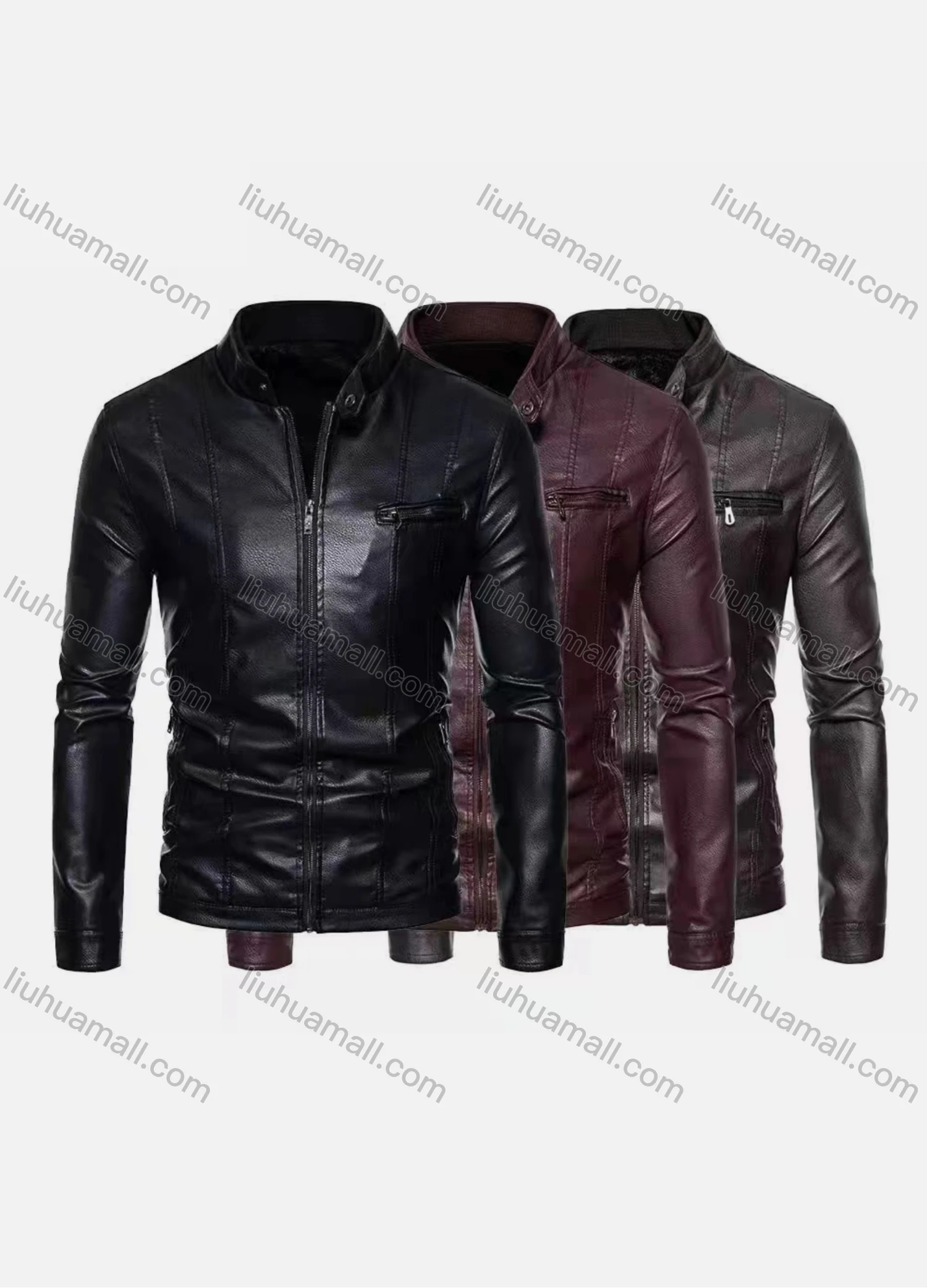 Wholesale Men's Fashion Moto Stand Collar Zipper Pockets Zipper Leather Jacket - Liuhuamall