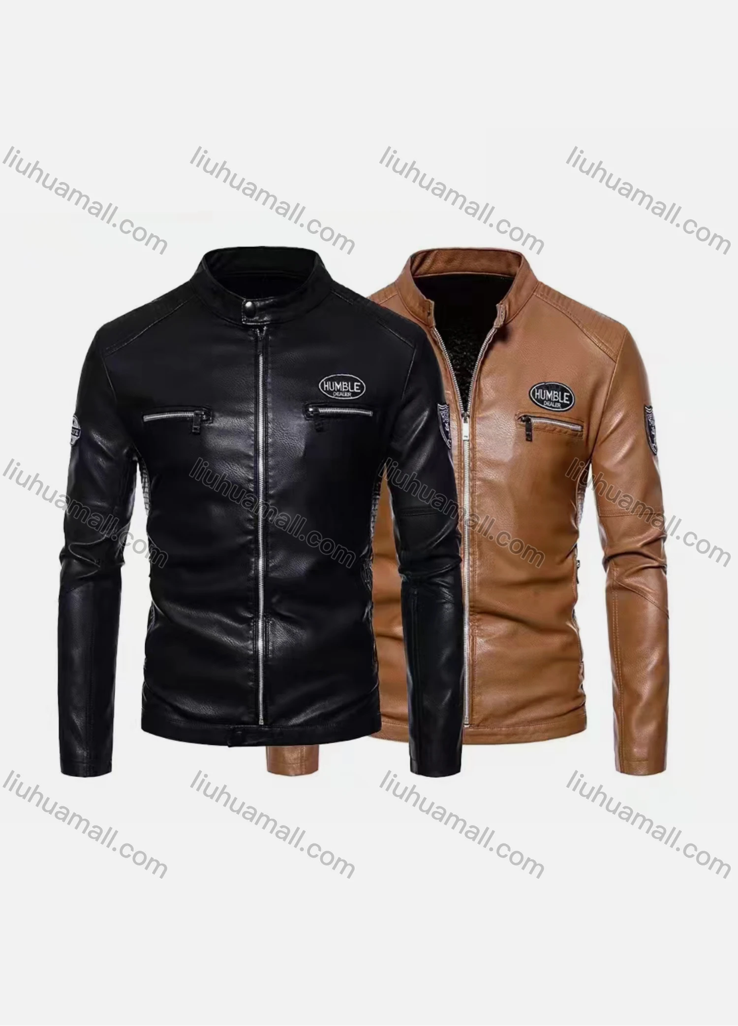 Wholesale Men's Fashion Moto Stand Collar Zipper Pockets Zipper Leather Biker Jacket - Liuhuamall