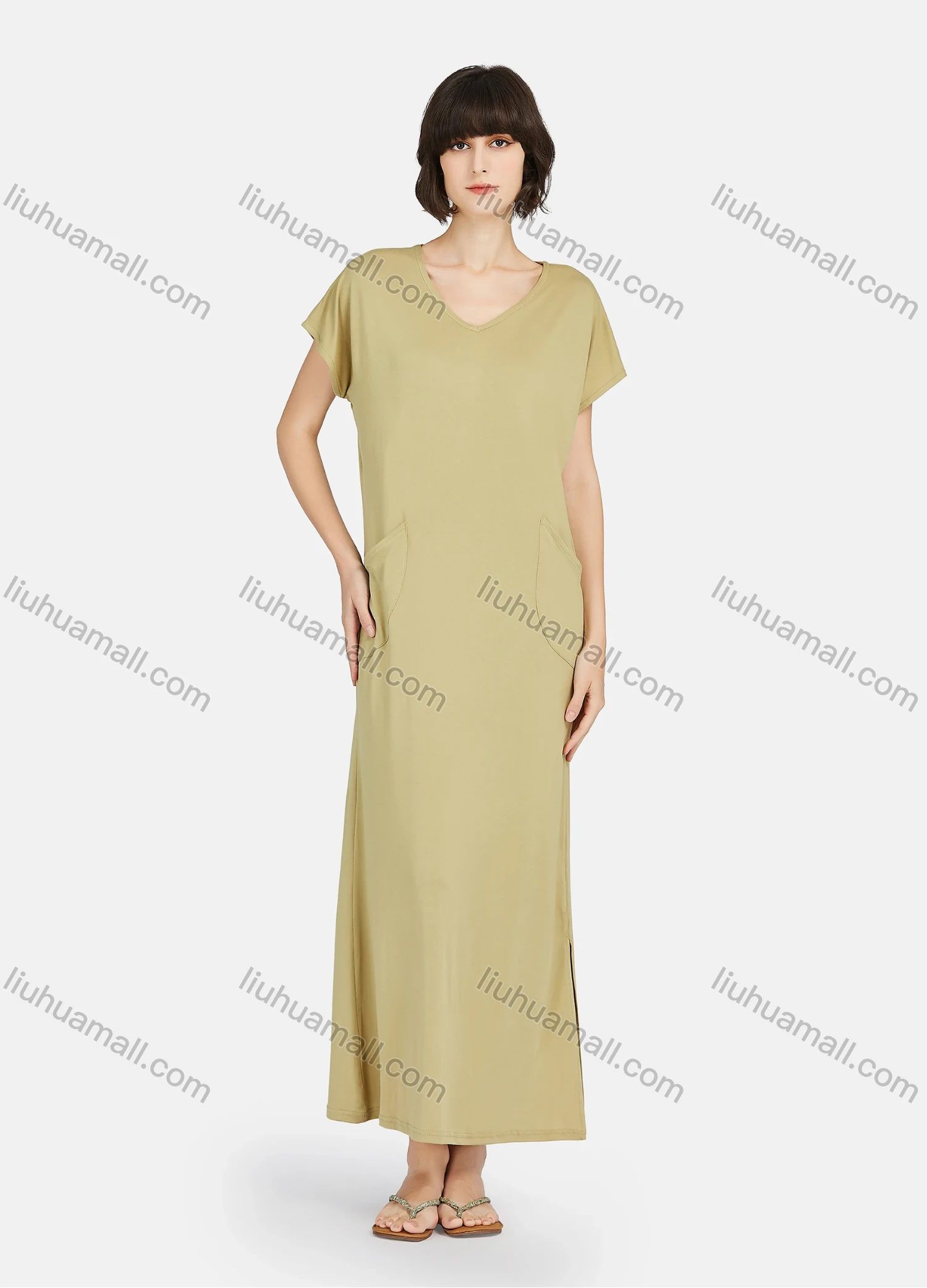 Wholesale Women's Lounge Milk Silk Plain V Neck Short Sleeve Patch Pocket Split Hem Maxi Nightgown A15# - Liuhuamall