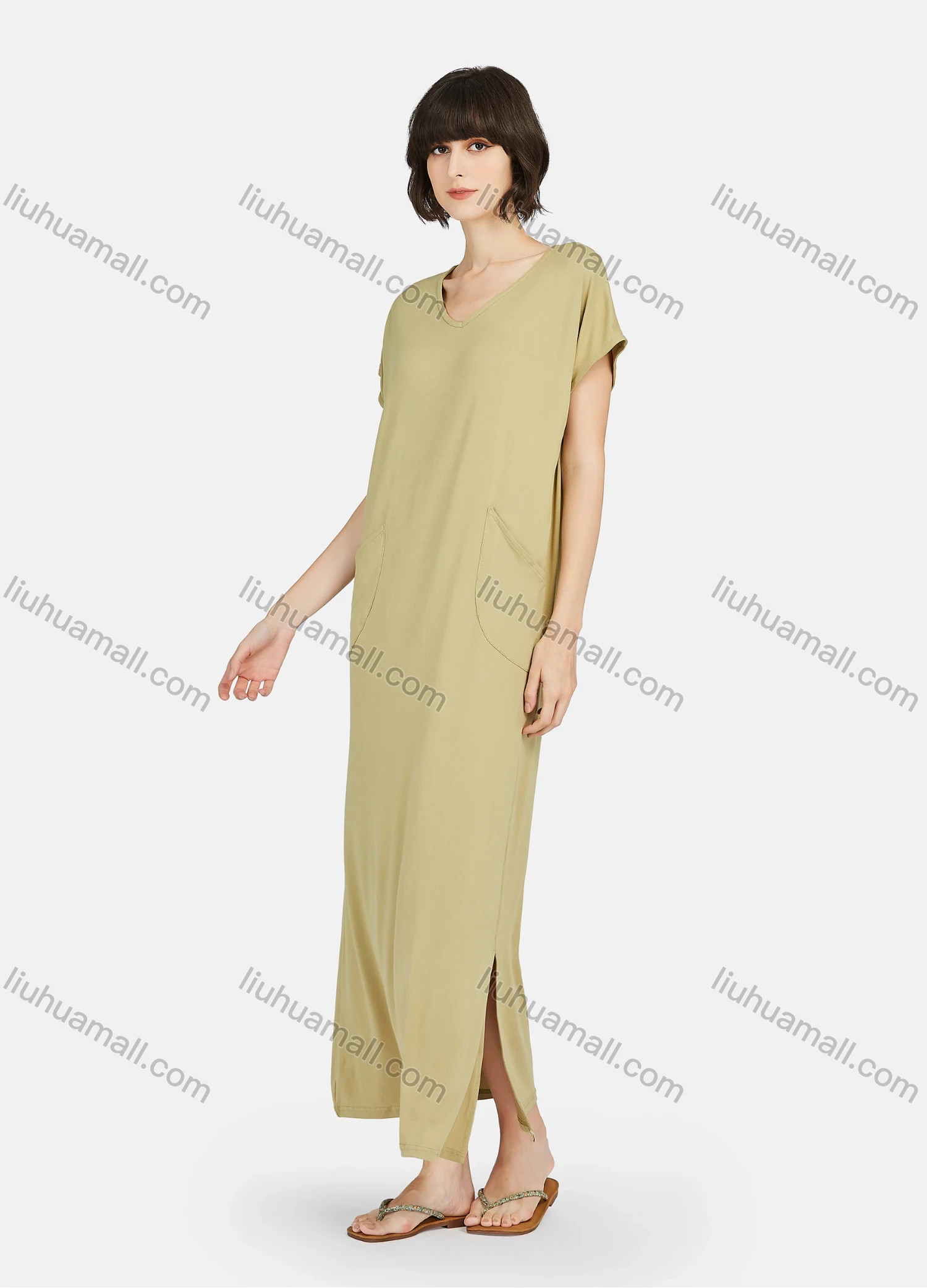 Wholesale Women's Lounge Milk Silk Plain V Neck Short Sleeve Patch Pocket Split Hem Maxi Nightgown A15# - Liuhuamall