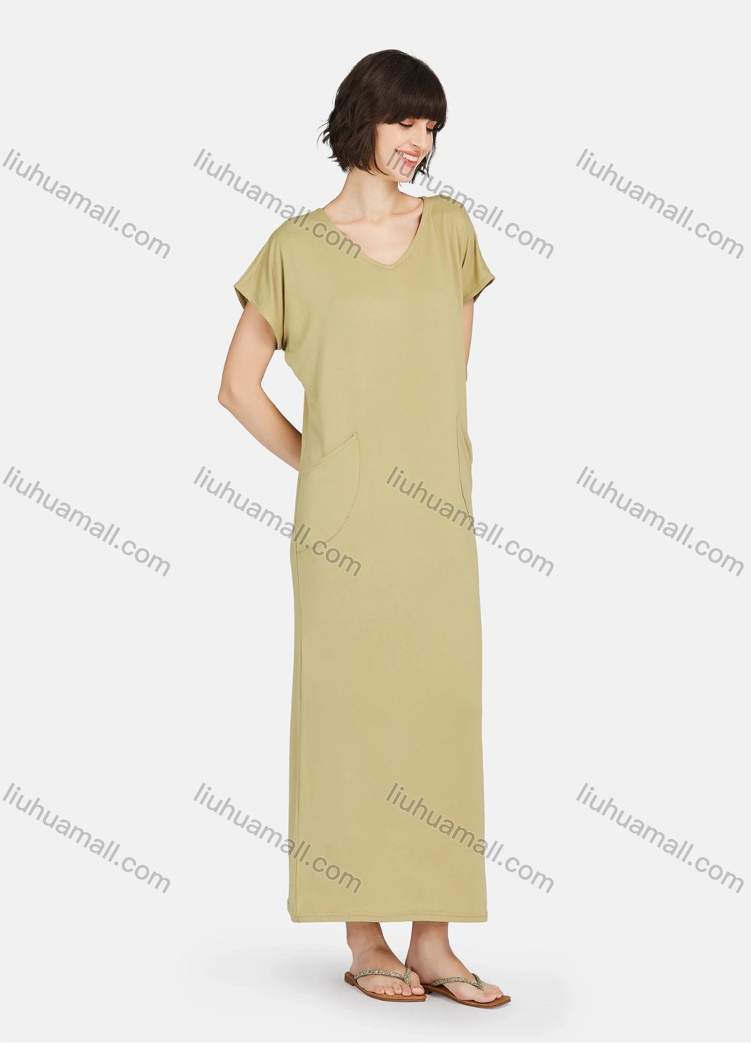 Wholesale Women's Lounge Milk Silk Plain V Neck Short Sleeve Patch Pocket Split Hem Maxi Nightgown A15# - Liuhuamall