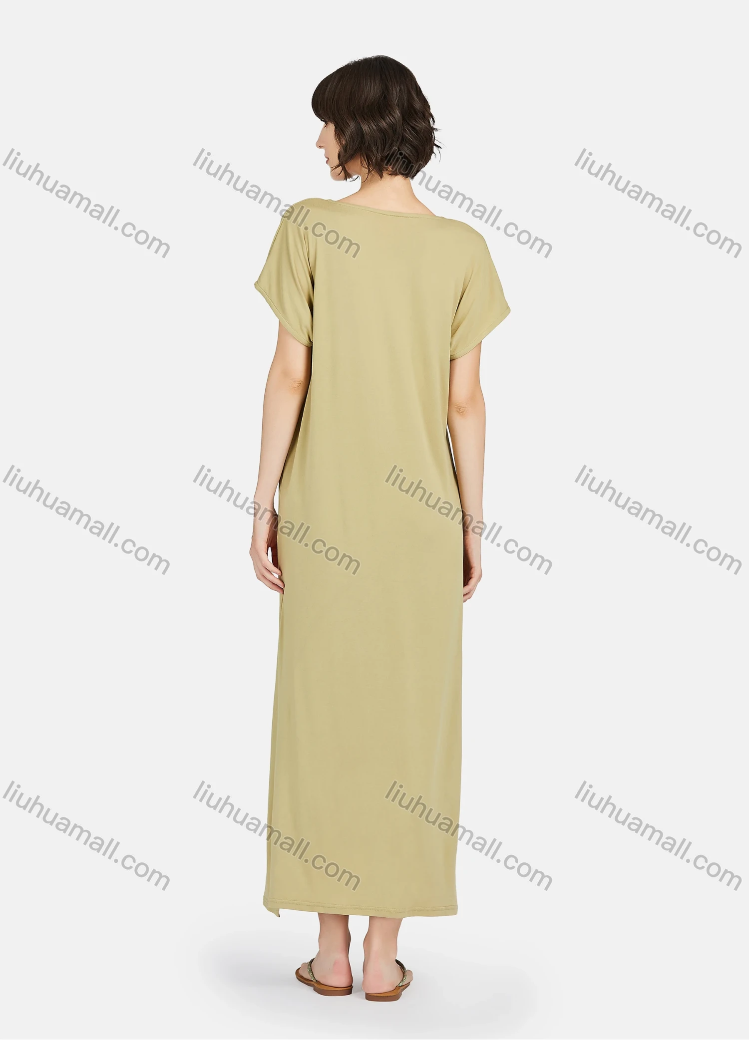 Wholesale Women's Lounge Milk Silk Plain V Neck Short Sleeve Patch Pocket Split Hem Maxi Nightgown A15# - Liuhuamall