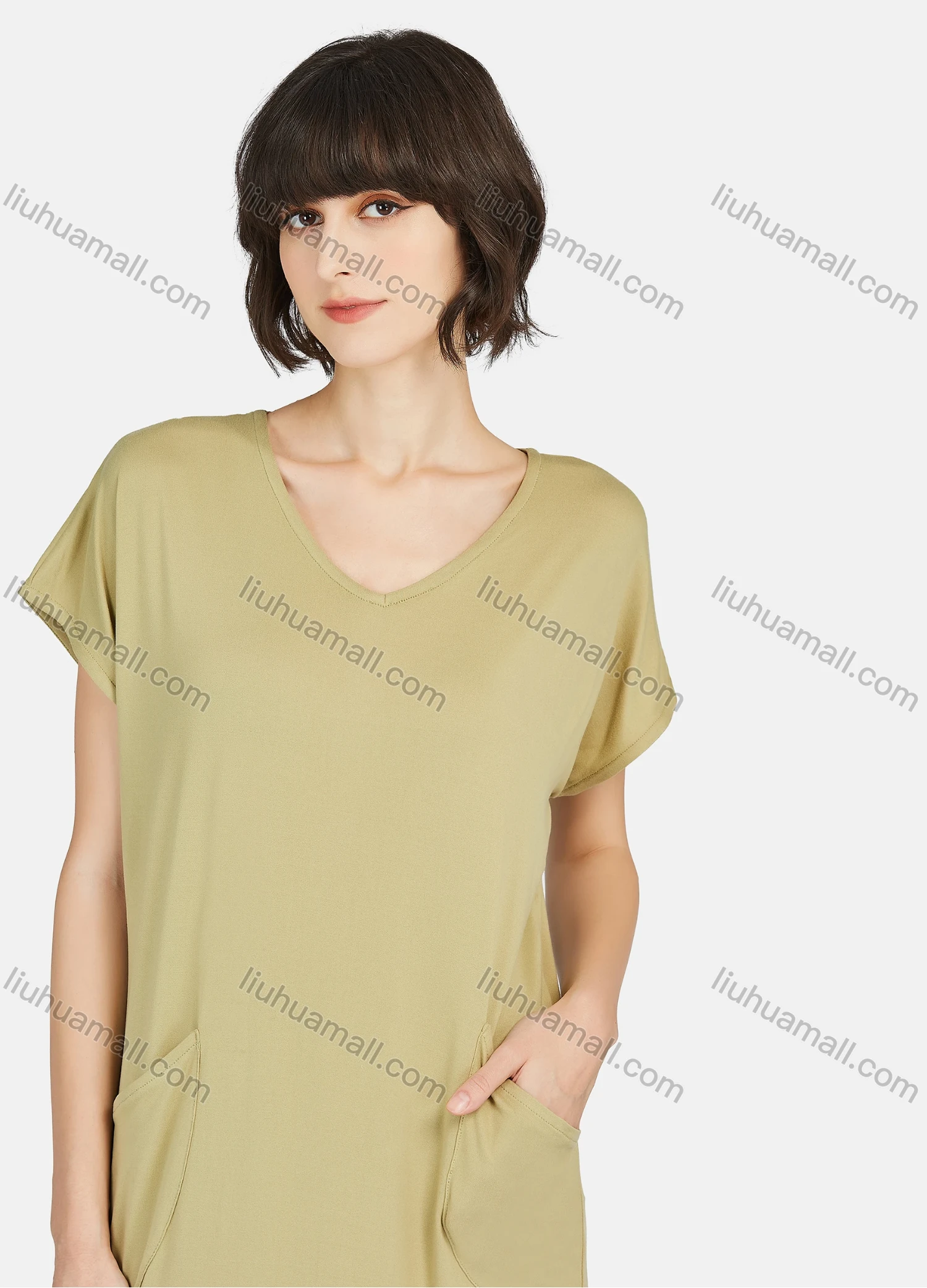 Wholesale Women's Lounge Milk Silk Plain V Neck Short Sleeve Patch Pocket Split Hem Maxi Nightgown A15# - Liuhuamall
