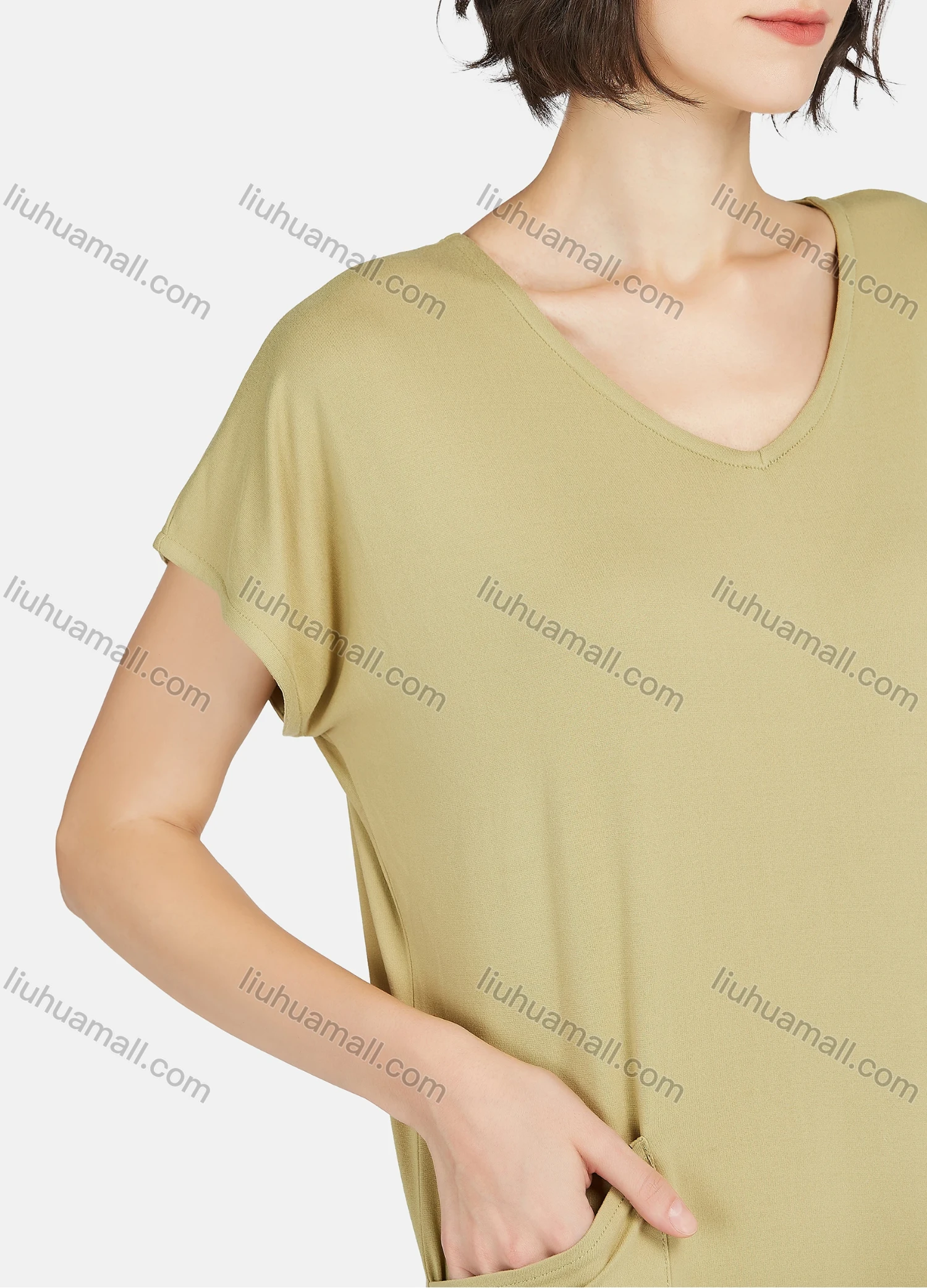 Wholesale Women's Lounge Milk Silk Plain V Neck Short Sleeve Patch Pocket Split Hem Maxi Nightgown A15# - Liuhuamall